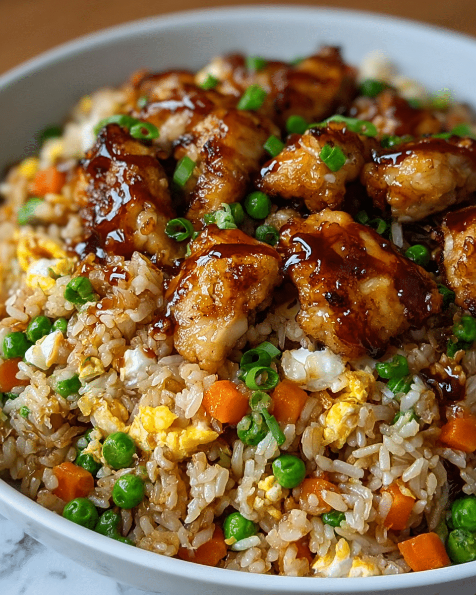 A close-up of a white plate filled with fried rice topped with pieces of golden-brown grilled chicken that show a crispy exterior and tender inside. The fried rice has mixed colors with green peas, bright orange carrot cubes, small scrambled yellow egg bits, and chopped green onions scattered throughout. The chicken pieces are drizzled with a dark, glossy sauce. The plate sits on a white marbled surface. photo taken with an iphone --ar 4:5 --v 7