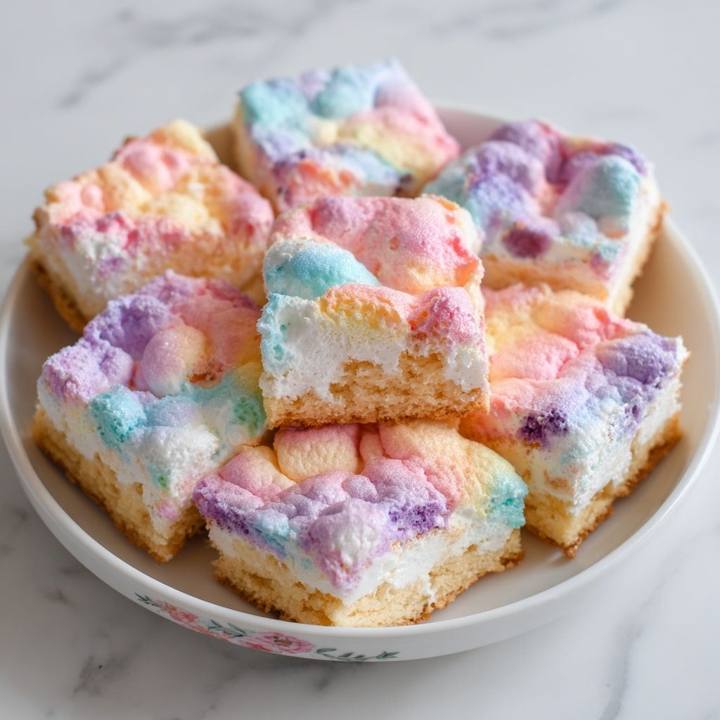 A round baked dish is divided into nine square pieces, each piece showing a soft, slightly puffy cookie base with scattered patches of melted marshmallow in pastel colors including pink, purple, blue, and some light orange hues. The marshmallow layer is thick and bubbly, covering most of the cookie surface with a glossy, foam-like texture. The cookie edges are light golden brown, slightly crisp, and the dish is a white bowl with a faint floral pattern at the bottom edge, set against a white marbled surface. The photo taken with an iphone --ar 4:5 --v 7