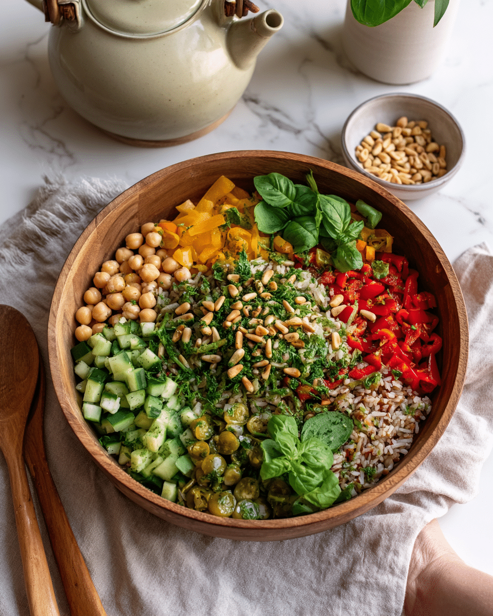 A close-up of a white bowl filled with a colorful salad containing multiple layers: the bottom layer has chopped green lettuce, the middle layer shows bright yellow and red bell peppers, chopped cucumbers, and chickpeas scattered throughout, and the top layer includes finely chopped herbs with light green tones. A woman's hand is holding a gold spoon lifting a mixed scoop of the salad, capturing red bell peppers, cucumbers, and leafy greens. In the background, there is a wooden bowl with more salad on a white marbled surface, and the scene is bright and natural. Photo taken with an iphone --ar 4:5 --v 7