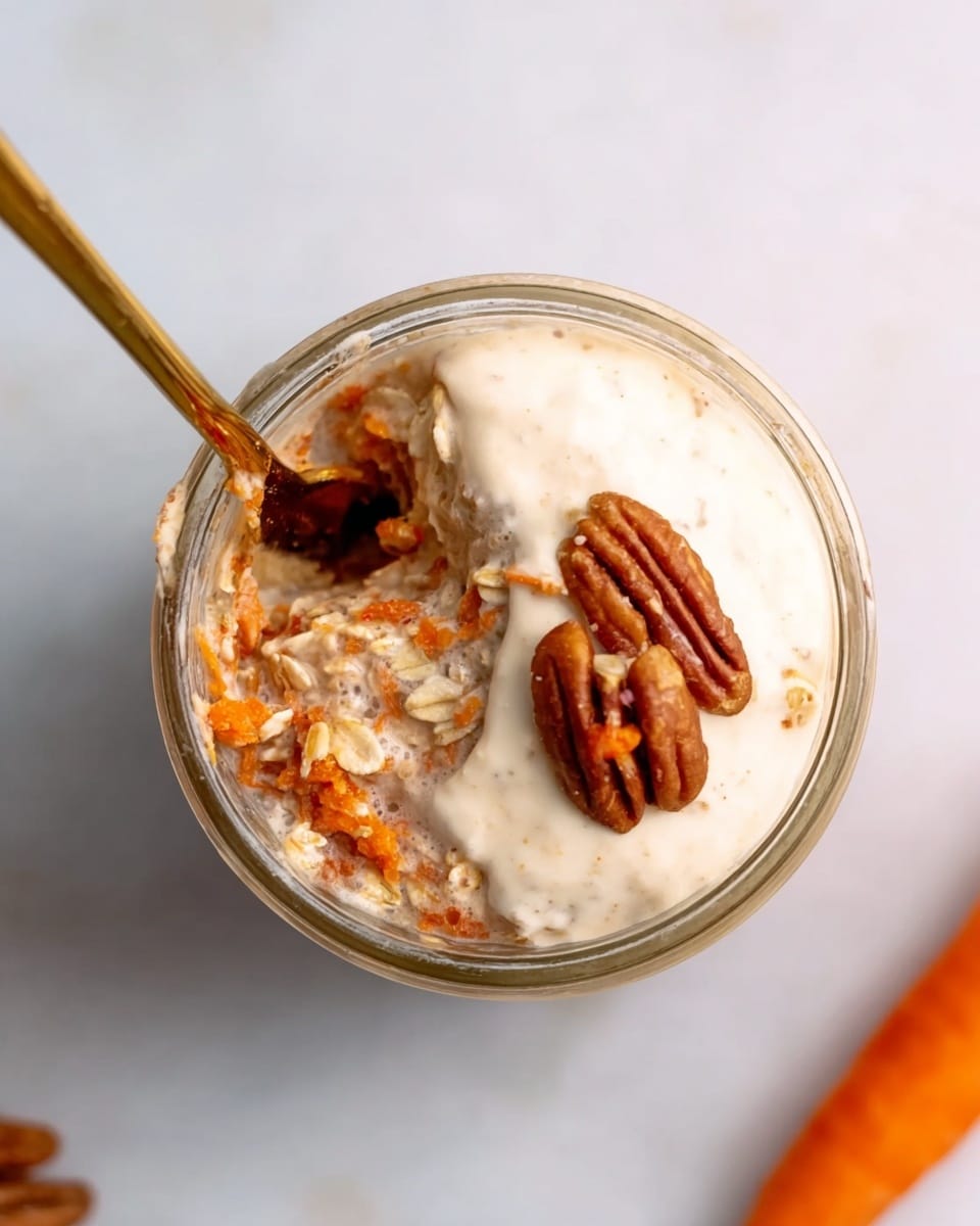 A top-down view of a glass jar filled halfway with a creamy layered dessert, the left side showing a mixed oat and carrot layer with a light brown and orange speckled texture, while the right side features a smooth white creamy layer topped with two pecan halves and some small orange carrot pieces. A golden spoon rests inside the jar on the left side, partially covered by the oat mix. The jar is placed on a white marbled surface with a small part of a carrot visible at the bottom right corner and a pecan piece on the left edge. photo taken with an iphone --ar 4:5 --v 7