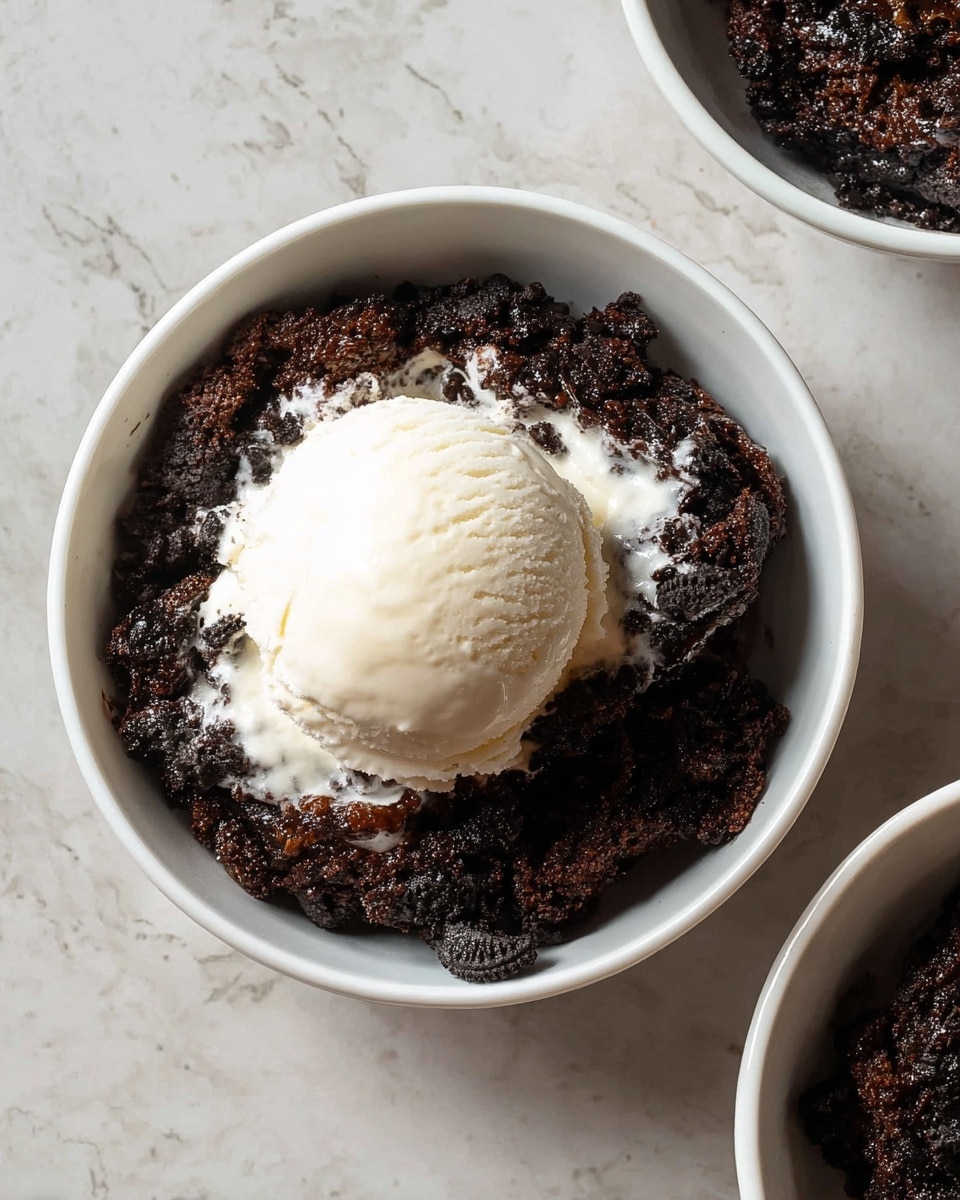 A close-up of a white rectangular dish filled with a rich, gooey chocolate dessert topped with crushed black and white cookie pieces. The top layer has a mix of dark brown chocolate surface with glossy melted caramel patches and scattered fragments of cookies providing a rough texture. In the center, a wooden spoon scoops a portion revealing melted marshmallow and caramel layers underneath the chocolate crust. The spoon is light brown and the dessert’s inside looks soft, sticky, and partly shiny. The dish is placed on a white marbled surface. Photo taken with an iphone --ar 4:5 --v 7