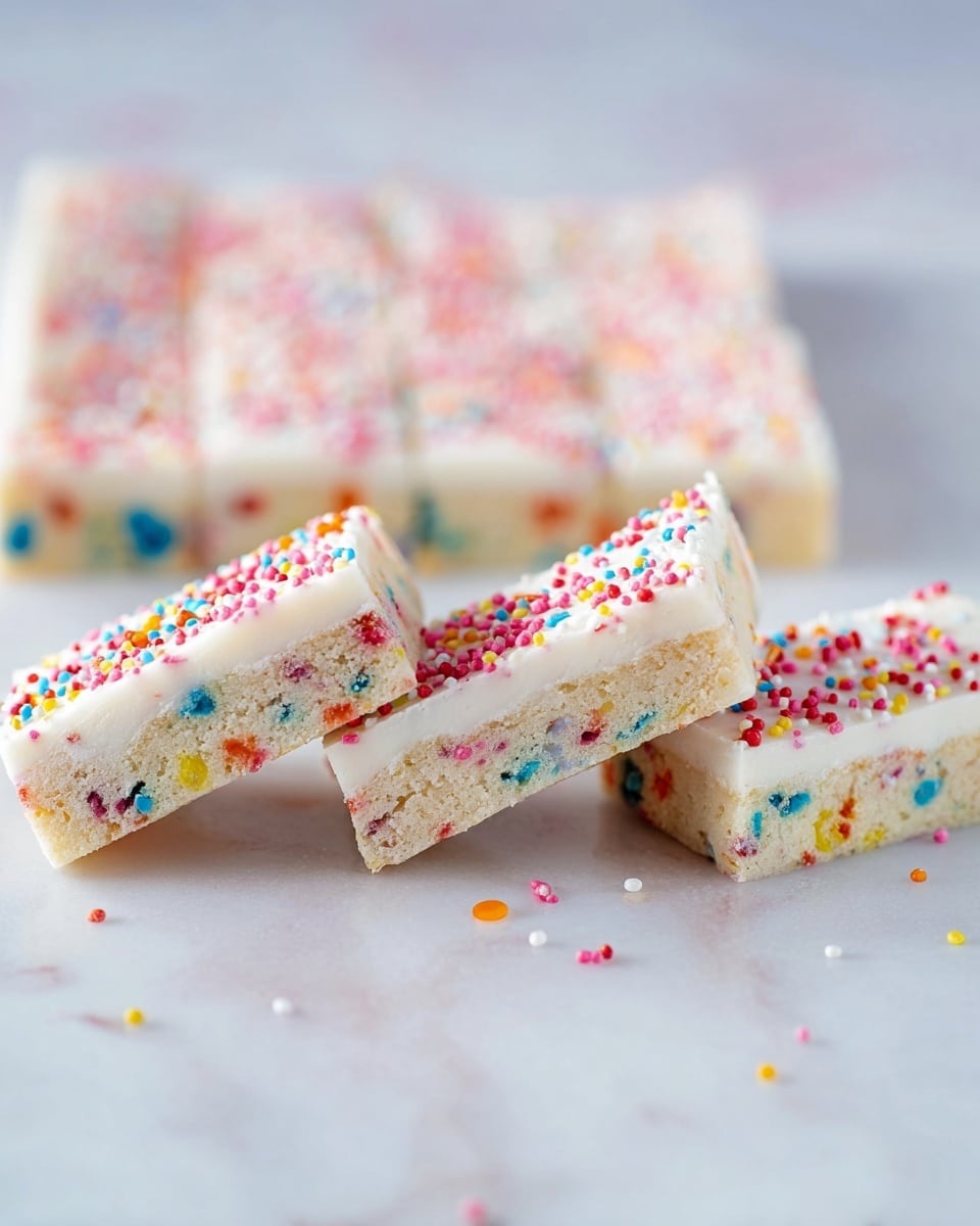 This image shows a large, square piece of funfetti cake with two smaller square pieces cut from it. The cake has two main layers: a thick, light golden-yellow base with colorful sprinkles baked inside, and a smooth white frosting layer on top. The frosting is decorated with scattered multicolored sprinkles. The cake pieces are placed on a white marbled surface, and one of the smaller pieces is slightly raised above the larger cake. Photo taken with an iphone --ar 4:5 --v 7