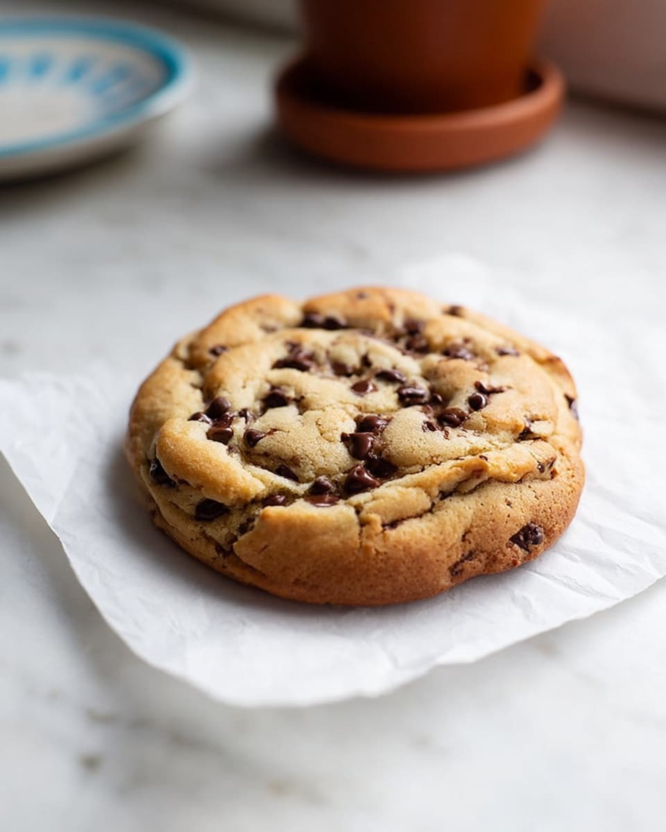 A single round ball of raw chocolate chip cookie dough sits in the center of a piece of white parchment paper. The dough is light golden beige with many small dark brown chocolate chips spread evenly through it. The ball shows soft, smooth, and slightly lumpy texture with folds and creases. The parchment paper lies flat on a baking sheet, all resting on a white marbled texture surface. The scene focuses closely on the cookie dough ball with a blurred background. photo taken with an iphone --ar 4:5 --v 7