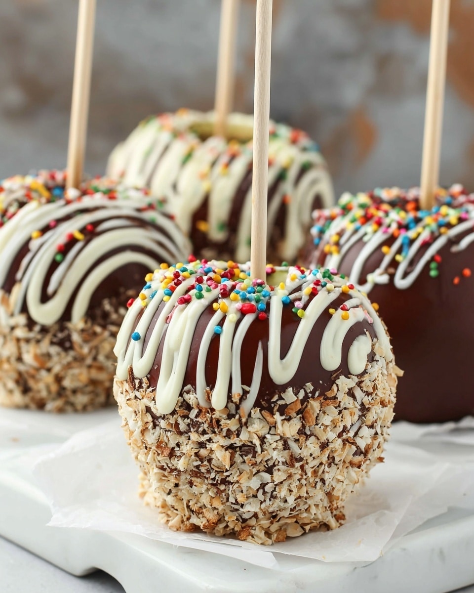 Five chocolate-covered apples sit on a white plate over a white marbled texture. Each apple is coated with a smooth layer of dark chocolate. Three apples are decorated with a drizzle of thin, white lines of white chocolate and topped with small, colorful candy pieces scattered across the top. Two apples have their lower halves rolled in small toasted coconut flakes, with white chocolate drizzle on top. Each apple has a light-colored wooden stick inserted into the center as a handle. photo taken with an iphone --ar 4:5 --v 7