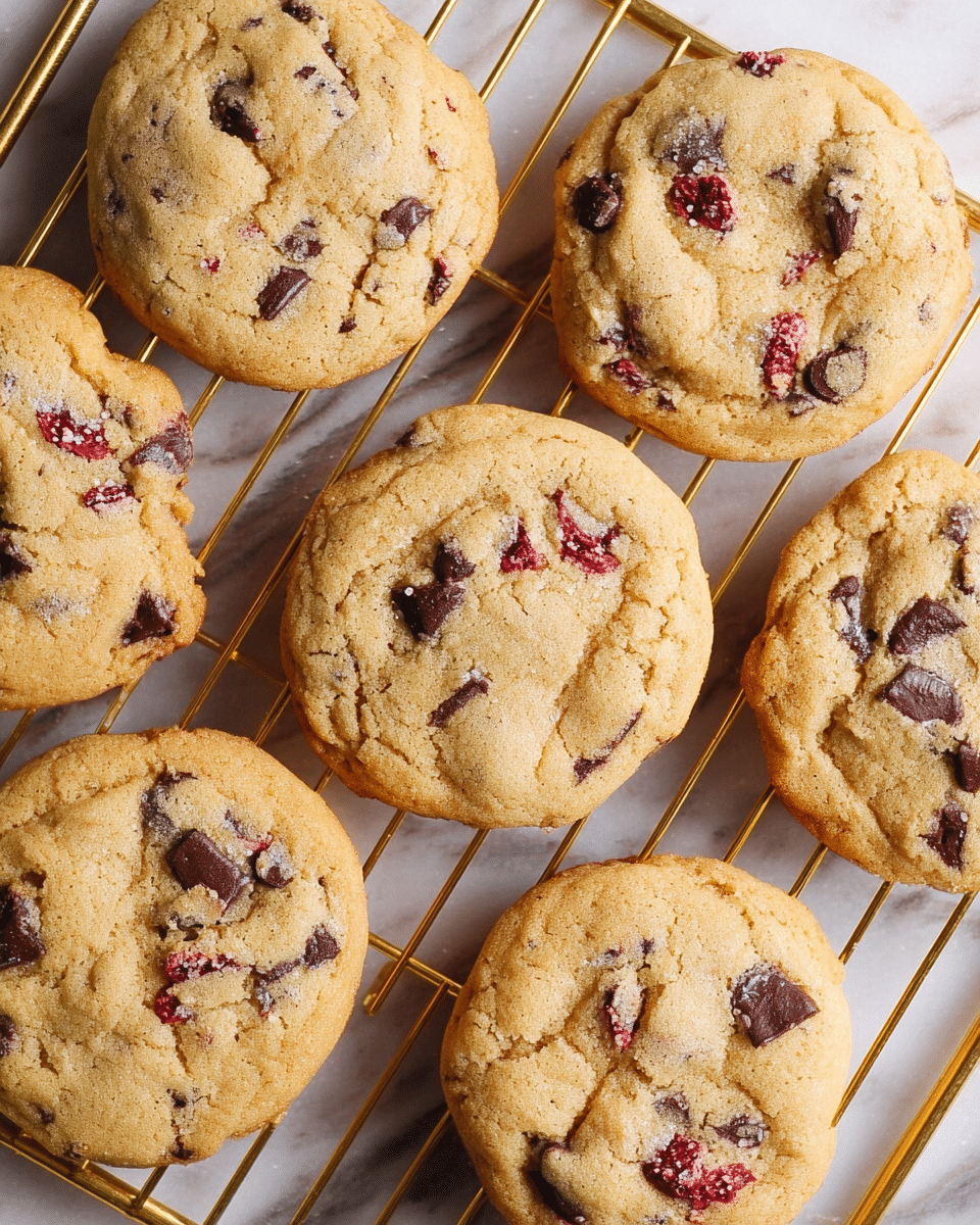 The image shows seven soft, round cookies with a light golden-brown color and slightly cracked surfaces. Each cookie contains visible chunks of dark chocolate and bits of dried cranberries, creating a contrast of deep brown and red against the pale dough. The cookies are placed close together on a gold wire cooling rack, which sits on a white marbled surface partially covered by a black-and-white checkered cloth. The cookies' texture appears soft and slightly chewy, with some chocolate chips slightly melted. photo taken with an iphone --ar 4:5 --v 7