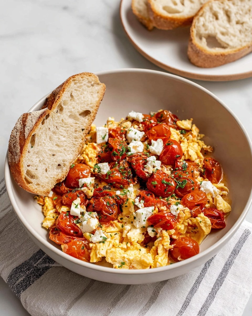 A black frying pan with a wooden handle holds a cooked dish with three visible layers: the bottom layer is a soft, slightly browned orange scrambled egg base, the middle layer is scattered roasted cherry tomatoes with a deep red and slightly wrinkled texture, and the top layer is sprinkled with white crumbled cheese and small bright green herb pieces, all against a white marbled surface. photo taken with an iphone --ar 4:5 --v 7