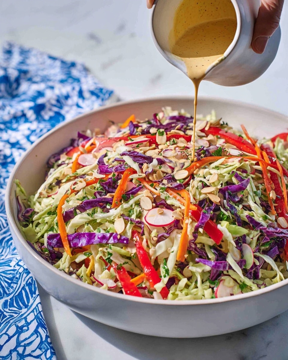 A large white bowl with blue patterns around the inside rim holds a colorful mixed salad with many thin layers: shredded light green cabbage at the base, mixed with thin strips of bright orange carrot, red bell pepper, and purple cabbage scattered throughout. Slices of light brown almonds are spread on top along with chopped green herbs and small bits of darker green parsley. A woman's hand holding a white serving spoon is seen on the right side, lightly touching the salad. The bowl sits on a white marbled surface with soft natural lighting. photo taken with an iphone --ar 4:5 --v 7