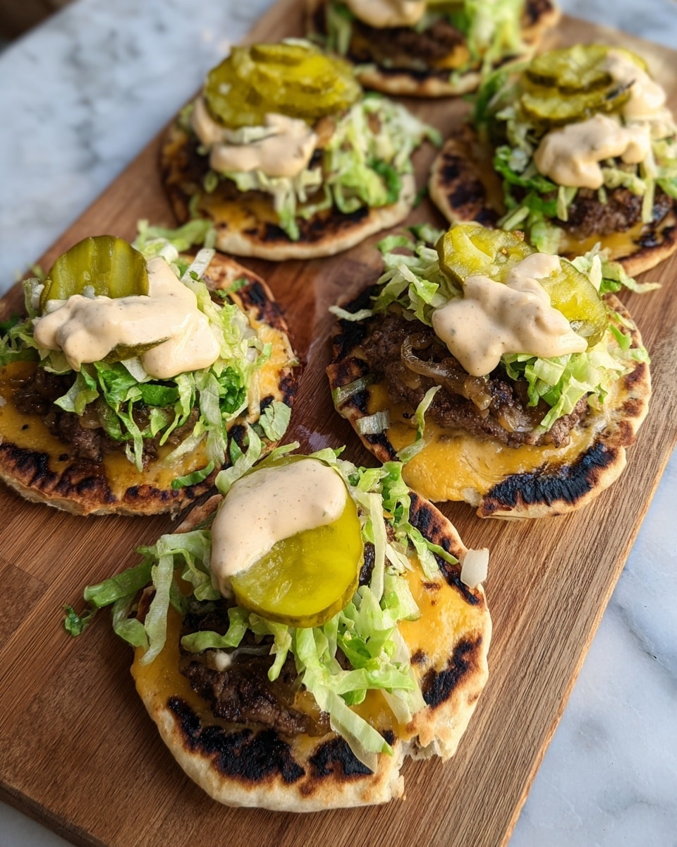 Five flat, round patties sit on a wooden board with a slightly charred look on their edges. Each patty is topped with a melted yellow cheese layer that glistens softly. On top of the cheese is some fresh, shredded green lettuce arranged unevenly, followed by a few slices of crinkled, bright green pickles. Over the pickles and lettuce rests a dollop of creamy light orange sauce mixed with small chunks of caramelized onions, giving more texture and color contrast. The wooden board lies on a white marbled surface, adding a clean, soft background to the vibrant food. photo taken with an iphone --ar 4:5 --v 7