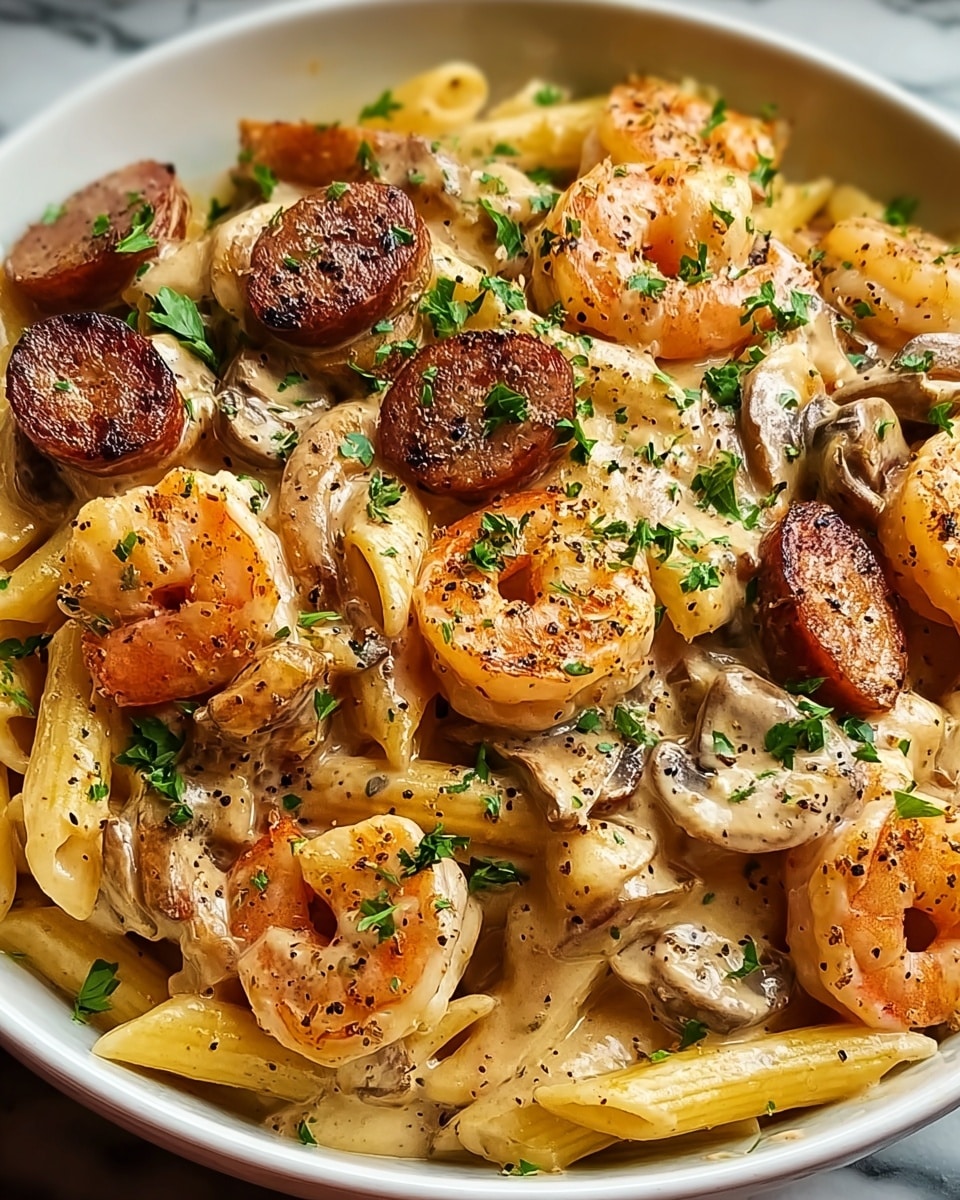 A close-up of a white bowl filled with creamy pasta layers, starting with al dente yellow penne pasta at the base, covered smoothly with a light, creamy sauce with visible spices. On top, there are juicy, orange-pink shrimp scattered evenly, mixed with browned sausage slices in a deep reddish-brown color. The dish is sprinkled with chopped green herbs and cracked black pepper, adding texture and freshness. The white bowl is placed on a white marbled surface, highlighting the rich colors and textures of the dish. Photo taken with an iphone --ar 4:5 --v 7