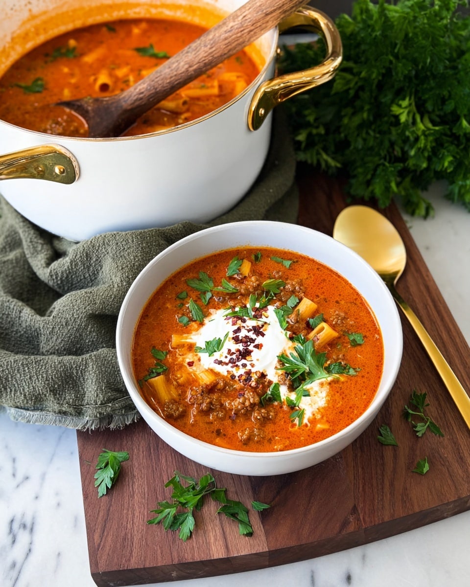 A white bowl filled with a thick orange-red soup containing visible pieces of pasta and ground meat sits on a wooden board over a white marbled surface. The soup has two dollops of white sour cream on top, sprinkled with dark red chili flakes and fresh green parsley leaves scattered around. Behind the bowl, there is a white pot with shiny golden handles, partly filled with the same soup and a wooden-handled ladle resting inside. A green cloth is casually placed between the pot and the bowl, with a bunch of fresh parsley to the right side. A golden spoon lies diagonally on the wooden board next to the bowl. photo taken with an iphone --ar 4:5 --v 7