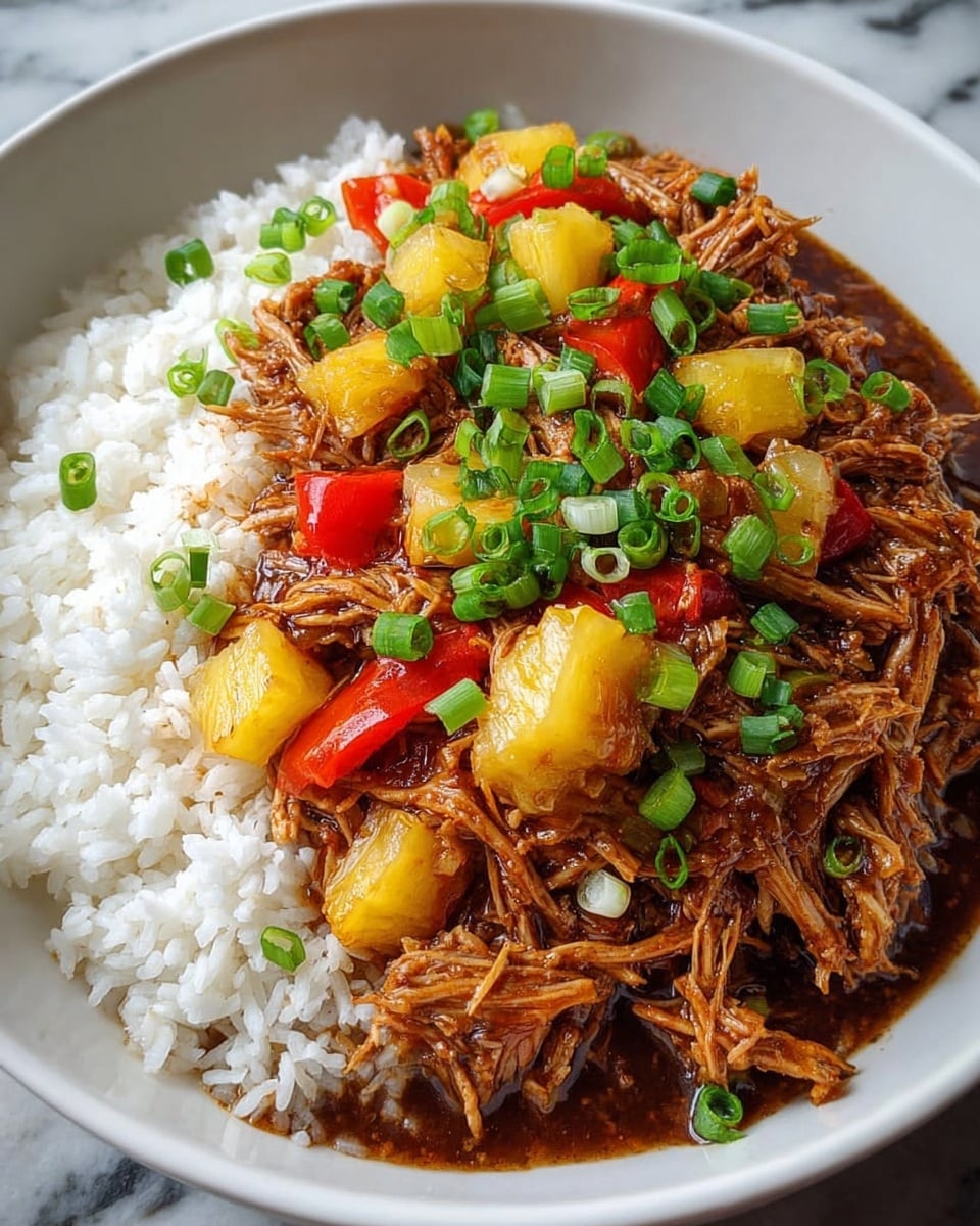 A white bowl holds a dish with three main layers. The bottom layer is fluffy white rice, spread evenly in the bowl. On top, there is a thick layer of shredded meat covered in a glossy dark brown sauce. Mixed within the meat are chunks of bright yellow pineapple and red bell pepper pieces, adding color contrast. The dish is finished with a generous sprinkle of green sliced scallions scattered all over the top. The background shows a white marbled texture. Photo taken with an iphone --ar 4:5 --v 7
