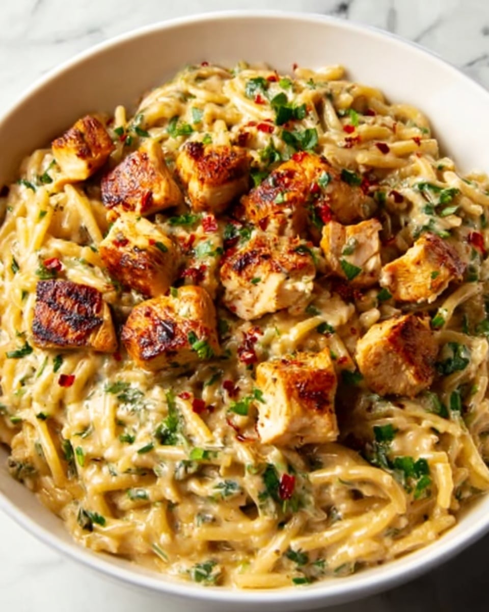 A white bowl filled with a creamy orzo pasta dish mixed evenly with grilled chicken pieces. The orzo is a light golden color, with a smooth and slightly glossy texture, spread as the bottom layer. On top and throughout are browned, grilled chicken chunks with visible char marks adding a darker orange-brown shade. Scattered finely chopped green herbs and small red chili flakes create speckled green and red dots across the dish, giving a fresh and spicy look. A gold-colored fork lifts a portion of the dish on the right side. The bowl sits on a white marbled surface. photo taken with an iphone --ar 4:5 --v 7