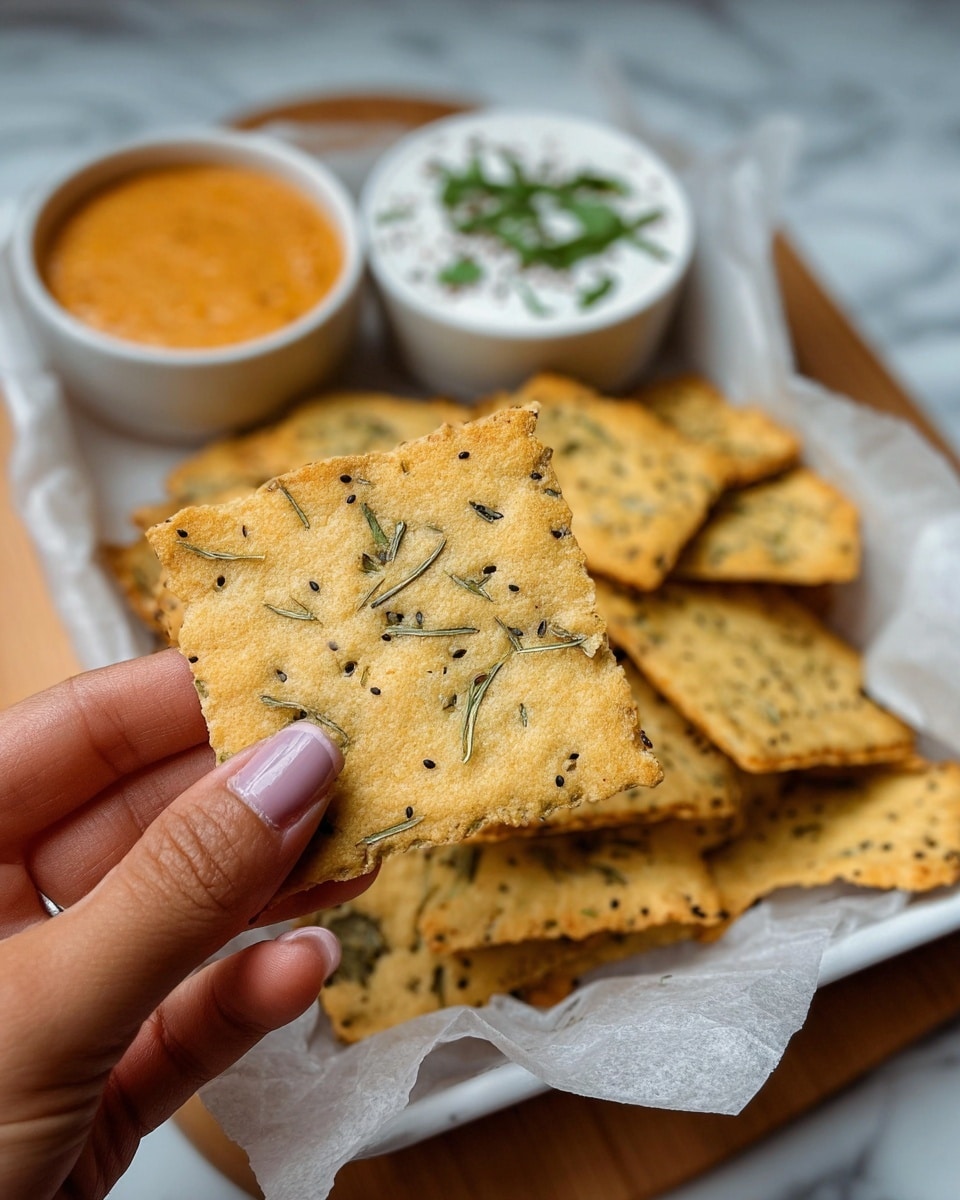 A close-up of a pile of thin, square crackers with a golden-yellow color and slightly rough texture, some sprinkled with small black sesame seeds while others have tiny green herb flakes. The crackers are stacked unevenly on a white marbled surface, showing their crisp edges and delicate, slightly bumpy surface. In the blurry background, there are two white bowls, one containing a red sauce and the other a creamy white sauce. Photo taken with an iphone --ar 4:5 --v 7