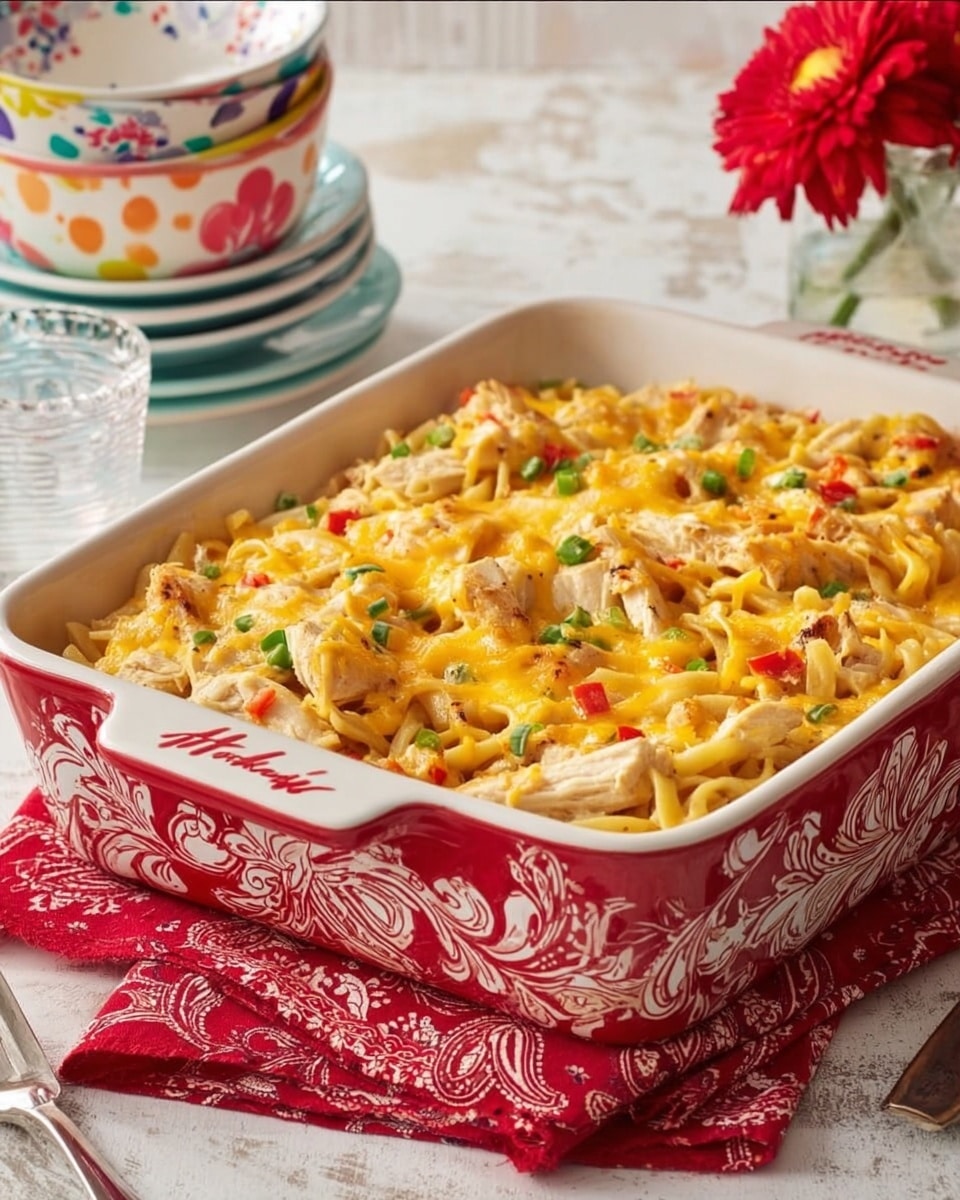 This image shows a baked casserole in a red rectangular dish with white floral patterns on the sides. The top layer is a mix of melted cheese, shredded chicken, and small pieces of green peppers and red tomatoes, creating a textured, creamy yellow and light tan surface. The casserole appears to be dense, with visible noodles mixed throughout. Underneath the casserole dish is a red patterned cloth, and in the background, there are stacked white bowls with colorful floral designs and a glass with a clear drink. The whole scene is set on a white marbled surface, giving it a bright and clean look. Photo taken with an iphone --ar 4:5 --v 7