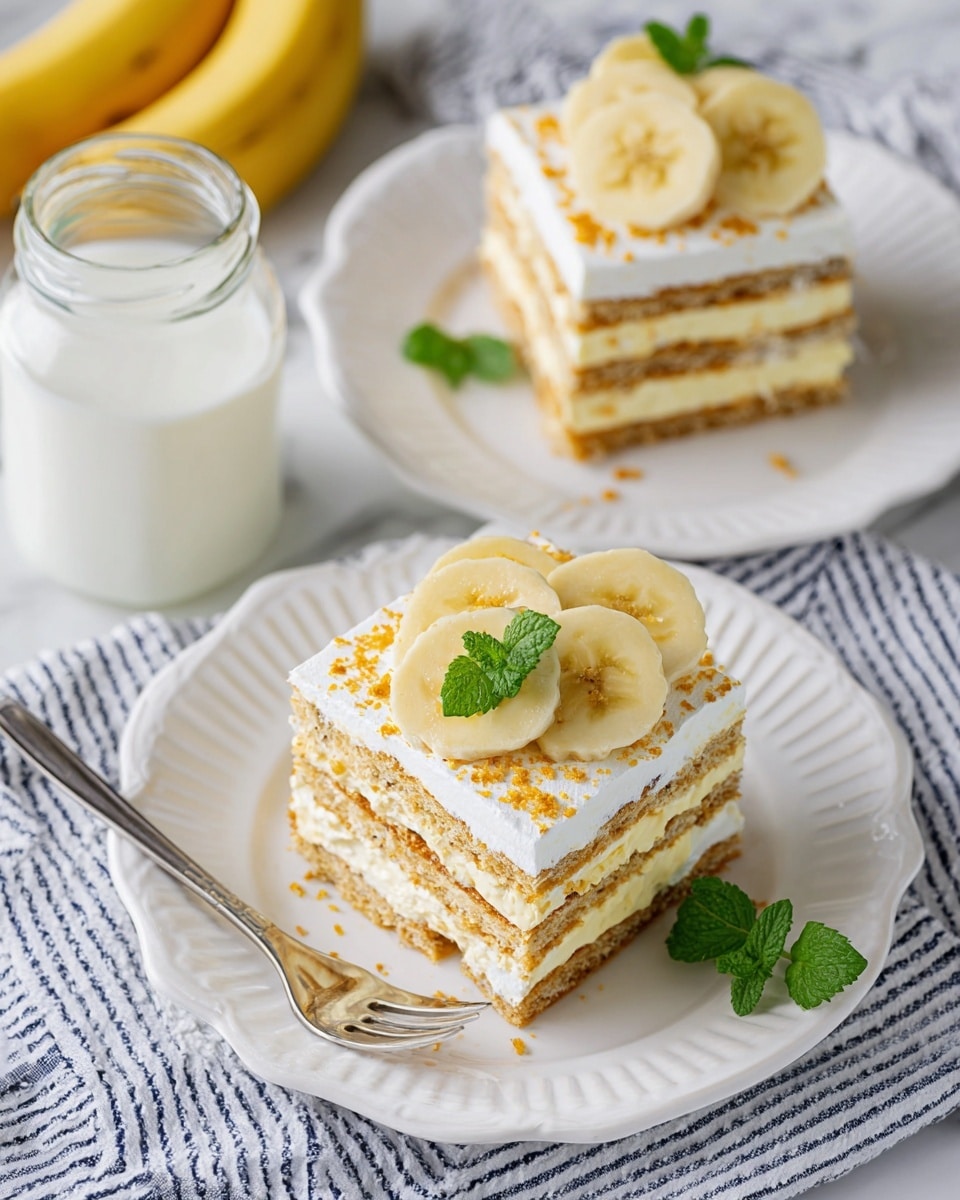 A slice of layered banana cream cake sits on a white plate with a striped blue and white cloth underneath, placed on a white marbled surface. The cake has five layers alternating between light golden graham cracker crust and creamy pale-yellow banana filling, topped with a thick white whipped cream layer sprinkled with crushed graham cracker crumbs. Two banana slices and a small green mint leaf garnish the top. A woman’s hand holds a fork cutting a piece from the front of the cake, showing the soft texture of the cream. Another plate with a similar cake slice is blurred in the background. Photo taken with an iphone --ar 4:5 --v 7