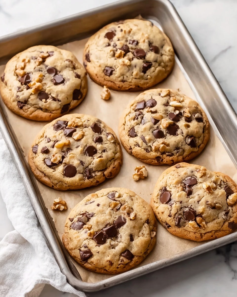 A large chocolate chip cookie broken into two pieces sits on a round white plate with speckled pattern, placed on a white marbled surface. The cookie has a light golden brown crust with large, uneven dark chocolate chunks and some walnut pieces on top. The inside shows a gooey, melted dark chocolate layer that looks soft and rich, with the texture slightly crumbly. Small cookie crumbs and chocolate bits are scattered near the plate, adding a natural and inviting look. photo taken with an iphone --ar 4:5 --v 7