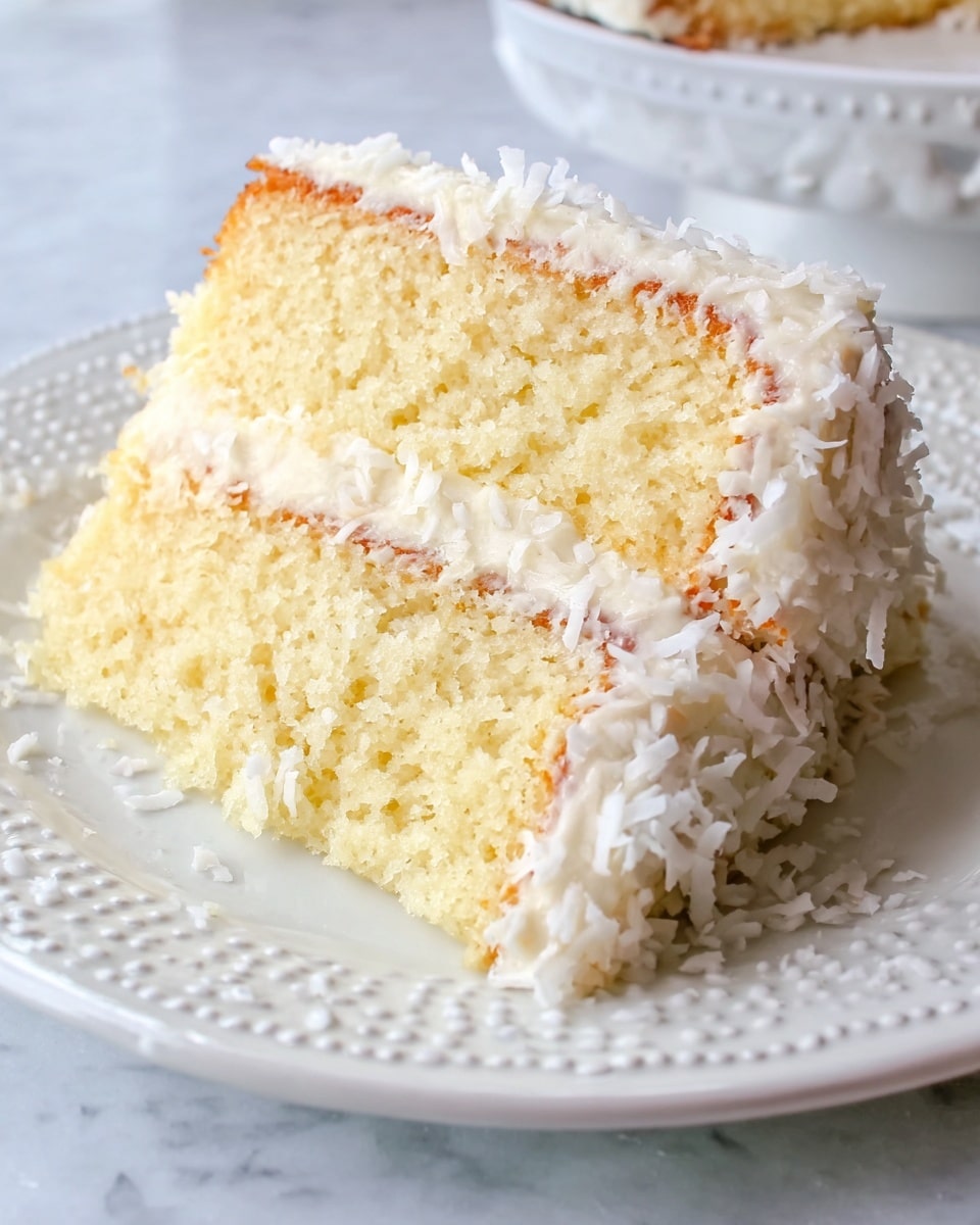 Two slices of light yellow cake with a soft, crumbly texture are stacked on a white decorative plate. Each slice has a thick middle layer of creamy white frosting mixed with shredded white coconut, and the outer edges of the slices are also coated with the same frosting and coconut, giving a fluffy and textured border. The plate sits on a white marbled surface, enhancing the brightness of the cake and frosting. photo taken with an iphone --ar 4:5 --v 7