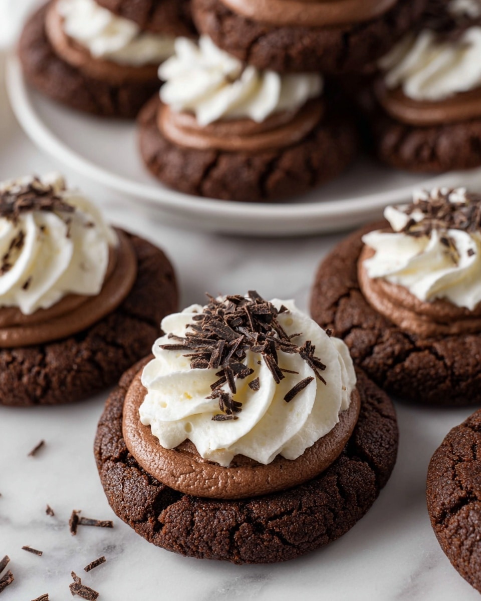 The image shows a white round plate with a silver rim holding eight dark brown chocolate cookies, each topped with three layers: a smooth and thick layer of chocolate cream in the center, a swirl of white whipped cream on top, and small pieces of dark chocolate sprinkled over the whipped cream. The cookies have a slightly cracked texture around the edges. The plate is placed on a white marbled surface scattered with chocolate shavings and broken pieces of dark chocolate bars. A peach-colored textured cloth is partly visible at the edge of the surface. Photo taken with an iphone --ar 4:5 --v 7
