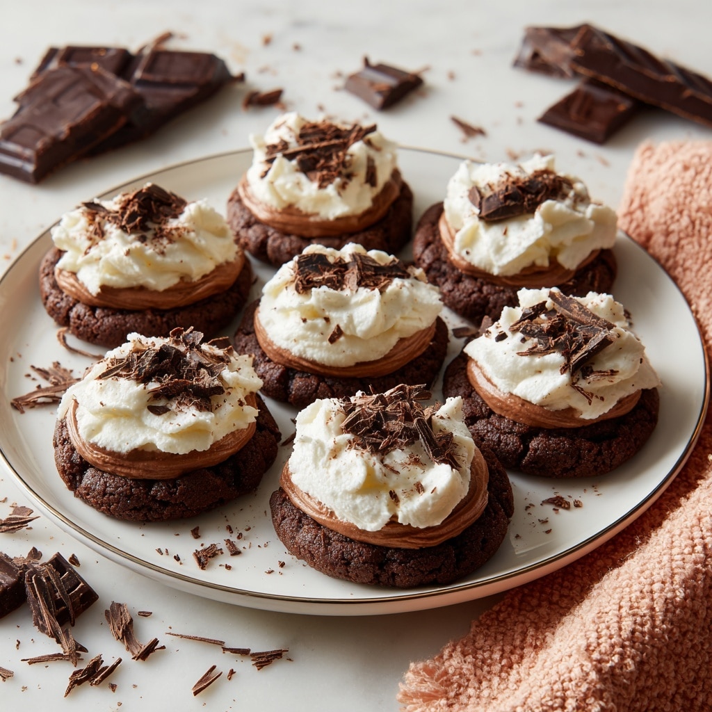 A close-up view of a group of dark brown chocolate cookies with a cracked texture, each cookie has three layers: the bottom layer is a thick cookie base, the middle layer is a smooth chocolate cream filling, and the top layer is a swirl of white whipped cream with small dark chocolate shavings sprinkled on it. They are placed on a white marbled surface, with a white plate partially visible holding more cookies in the background. Photo taken with an iphone --ar 4:5 --v 7
