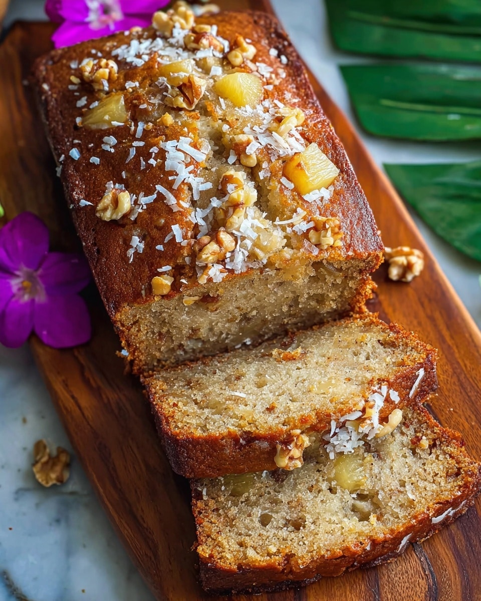 A loaf of golden-brown quick bread with a slightly crisp top is shown on a wooden board, sliced into three thick pieces. The bread’s crumb is light and moist with visible bits of yellow pineapple pieces and small chunks of nuts scattered throughout. The top of the loaf is sprinkled with chopped walnuts and large, thin white coconut flakes, adding texture and contrast. The background features a purple flower on one side and a coconut shell on the other, all set against a white marbled surface. photo taken with an iphone --ar 4:5 --v 7