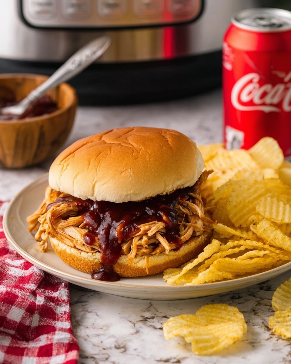 A pulled chicken sandwich on a soft golden brown bun, with shredded chicken mixed with dark brown barbecue sauce as the filling, placed on a white plate. On the right side of the sandwich, there are crinkly light yellow potato chips scattered on the plate and a few chips spilled onto a white marbled surface next to the plate. In the background, there is a red Coca-Cola can and a dip bowl with more barbecue sauce and a spoon inside, along with a stainless steel kitchen appliance visible. A red and white checkered cloth is partially visible on the lower left corner. Photo taken with an iphone --ar 4:5 --v 7