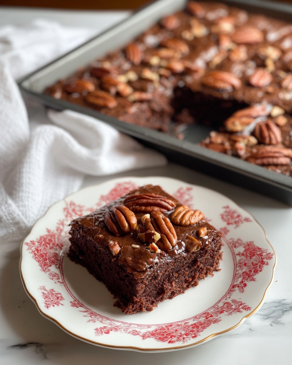 A white rectangular dish is filled with a rich, dark brown chocolate cake with a smooth, shiny chocolate layer on top. The top layer is thick and glossy, covered generously with chopped pecans that add texture with their uneven shapes and light brown color. One square piece is lifted, showing the moist, crumbly cake beneath the glossy top, revealing a dense, dark crumb inside. The edges of the cake pieces are clean-cut, and pecans are scattered around the dish’s surface and edges. The whole scene rests on a white marbled texture background. photo taken with an iphone --ar 4:5 --v 7