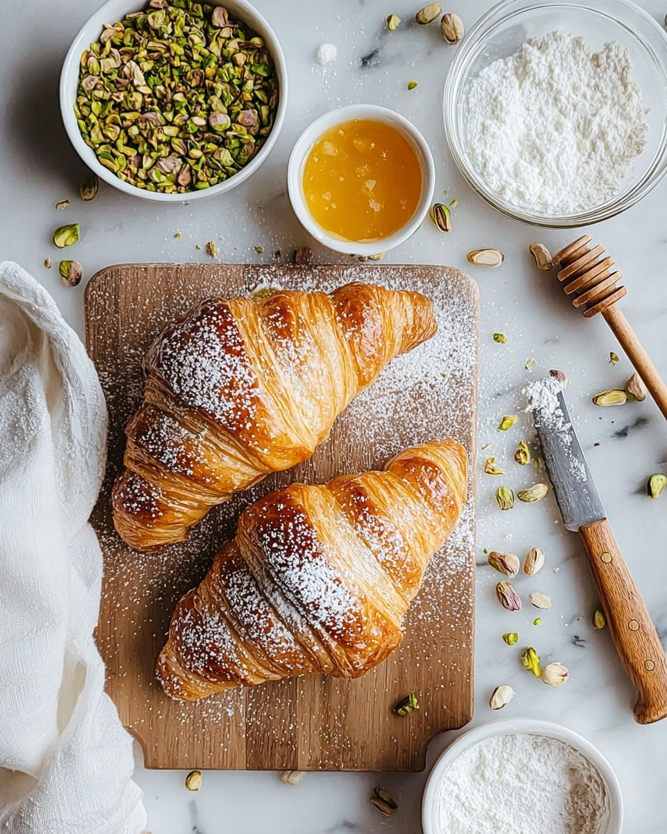 The image shows four golden brown croissants with a shiny, flaky crust placed on a white plate with a wooden texture. Each croissant has finely chopped green pistachios sprinkled on top, adding a rough texture. One croissant is cut open, revealing a dense, bright green pistachio filling inside, which contrasts with the light, layered inside of the croissant dough. The plate is set on a white marbled surface with some pistachio crumbs scattered around. photo taken with an iphone --ar 4:5 --v 7