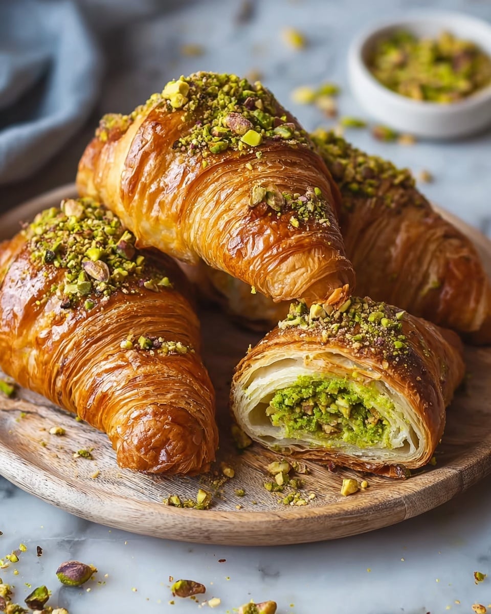 Two golden brown croissants with visible crispy layers rest on a wooden cutting board dusted generously with white powdered sugar. Above the croissants, there is a white bowl filled with chopped green pistachios and next to it a small white bowl containing golden honey. To the right, a clear glass bowl holds more powdered sugar, sitting beside a wooden-handled knife. A wooden honey dipper lies near the top right on a white marbled surface, which is scattered lightly with powdered sugar and pistachio pieces. A crumpled white cloth is placed at the bottom left corner. photo taken with an iphone --ar 4:5 --v 7