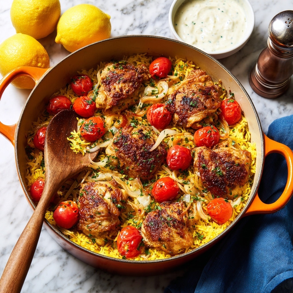 The image shows a white plate on top of a larger brown-speckled plate. On the white plate there is a single serving of yellow rice with scattered green herbs and visible yellow onion pieces mixed in. Around the rice are bright red cooked tomatoes placed evenly, adding a pop of color. In the center of the rice sits a small piece of browned food, likely a veggie patty or fritter, topped with a dollop of creamy white sauce. On the side, a silver fork rests partly on the white plate and a blue cloth napkin lies under the plates on a white marbled texture. In the top right corner, a white bowl holds more cream sauce. Photo taken with an iphone --ar 4:5 --v 7