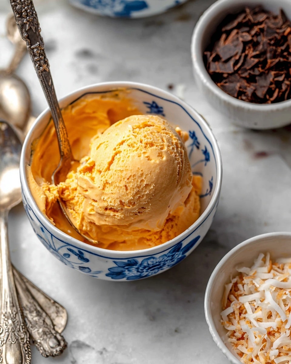 A blue bowl filled with orange ice cream that has a creamy, soft texture with some small chunks, topped with white coconut flakes scattered on top and around the edges. The bowl sits on a white plate, which rests on a white marbled surface. In front of the bowl is a silver spoon holding some of the orange ice cream with visible small black specks. Photo taken with an iphone --ar 4:5 --v 7
