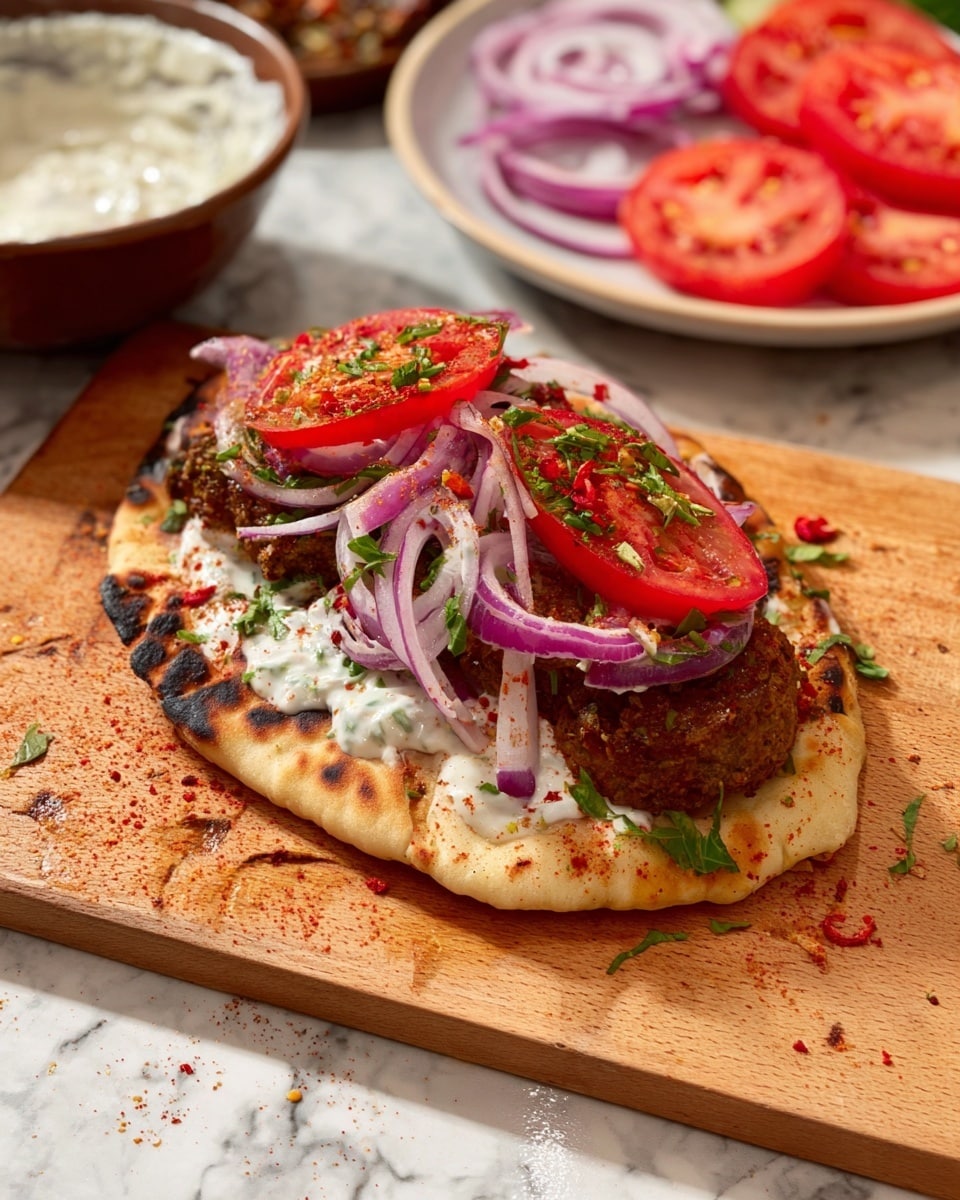 A flatbread base with a light golden-brown color and some charred spots holds a sandwich with several layers: first, a creamy white sauce spread unevenly on the bread, followed by a thick, dark brown patty with a crispy texture, then a layer of thinly sliced purple onions mixed with small green herbs, and topped with three bright red tomato slices sprinkled with red chili flakes and green herbs. The sandwich sits on a wooden cutting board with some scattered sauce, herbs, and chili flakes around. In the background, there is a white plate with sliced tomatoes and onions, and a brown bowl containing more creamy sauce. The setting has a white marbled texture surface. photo taken with an iphone --ar 4:5 --v 7