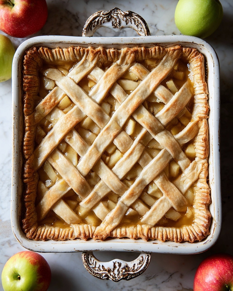 A square apple pie in an ornate white ceramic baking dish sits on a white marbled surface. The pie has a golden-brown crust with a crimped edge, and the top layer is made of thick lattice strips of dough that show a soft, chunky apple filling inside. The crust strips have a slightly uneven texture with light brown spots from baking. Around the pie, there are fresh red and green apples placed on the surface. The scene is lit softly from above, showing the pie’s warm and homemade look. photo taken with an iphone --ar 4:5 --v 7