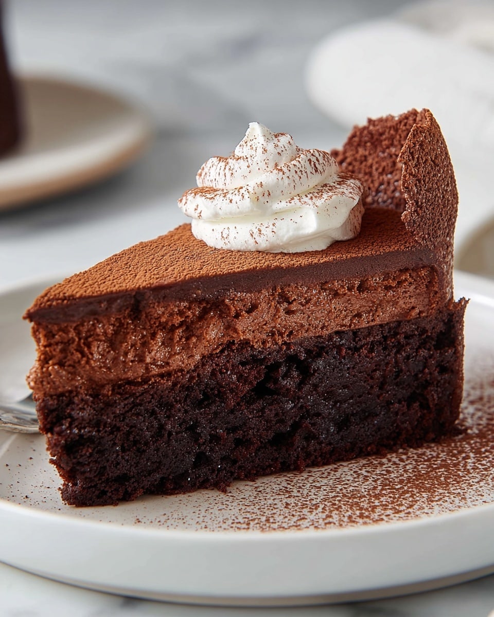 A single slice of chocolate cake is shown on a white plate, with three visible layers: the bottom layer is a dense, dark chocolate base in deep brown, the middle layer is a moist chocolate cake that looks soft with a slightly cracked surface in rich brown, and the top layer is a thin, crispy chocolate crust folded over at the far right edge with a dusting of cocoa powder. On top of the slice, there is a small dollop of white whipped cream with a sprinkle of cocoa powder. The plate rests on a white marbled surface, and the background is softly blurred. Photo taken with an iphone --ar 4:5 --v 7