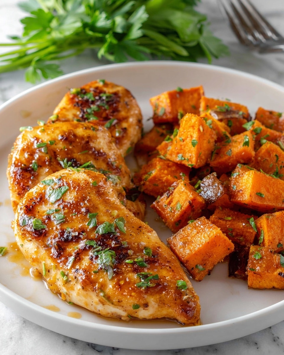 The image shows a white plate with two pieces of golden-brown grilled chicken breast on the left side, coated with a shiny glaze and sprinkled with finely chopped green herbs. To the right of the chicken, there is a pile of roasted sweet potato cubes, charred slightly on some edges, with a vibrant orange color and sprinkled with green herbs. In the background, a small bunch of fresh green parsley adds a touch of freshness. The plate sits on a white marbled texture. photo taken with an iphone --ar 4:5 --v 7