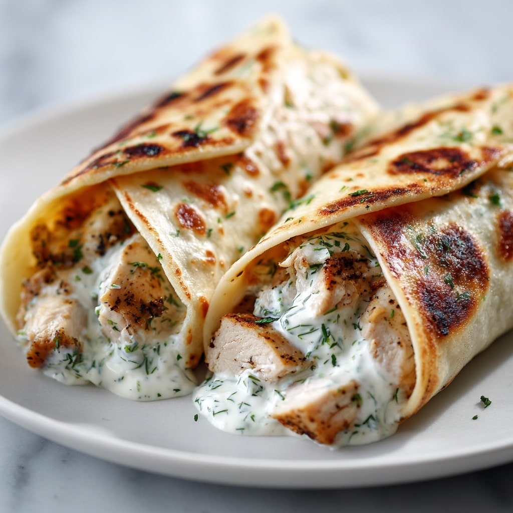 Two grilled wraps are placed closely on a white plate on a white marbled surface. Each wrap has a soft, golden-brown grilled exterior with dark brown grill marks and small green herb sprinkles on top. One wrap is cut in half showing inside layers: the outer flatbread wrap, a thick layer of melted white cheese mixed with chopped green herbs, and chunky pieces of grilled chicken with a light brown color, all oozing slightly from the wrap. The texture of the cheese looks creamy and stretchy. Photo taken with an iphone --ar 4:5 --v 7