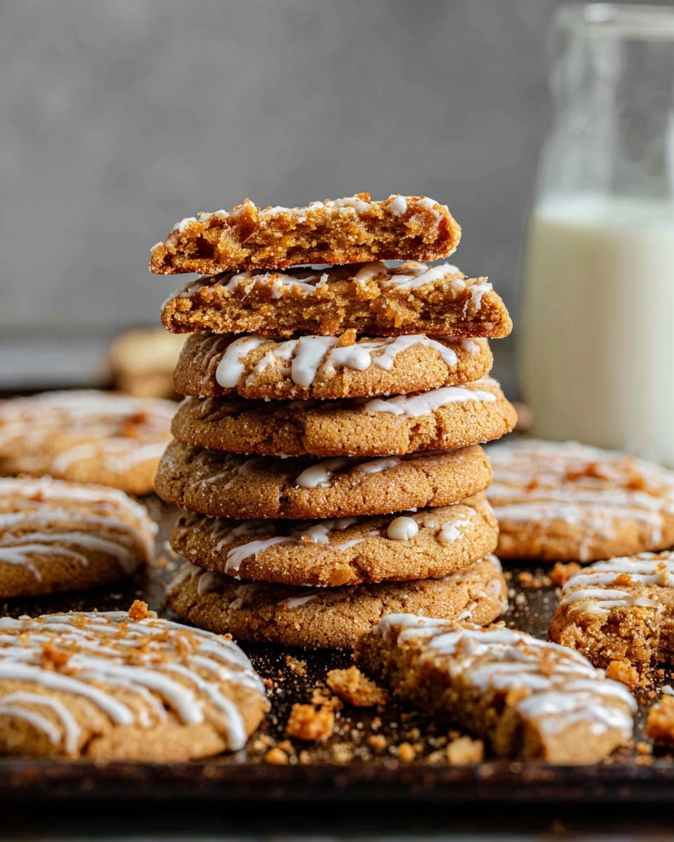 A stack of seven golden-brown cookies with visible crumbly texture and white icing drizzled on top, with two broken cookie halves resting on the stack showing a soft inside. The cookies are on a dark baking tray scattered with cookie crumbs and broken cookie pieces. Around the stack are more cookies with white icing on a white marbled surface. In the back, a glass jug filled with milk sits blurred. photo taken with an iphone --ar 4:5 --v 7