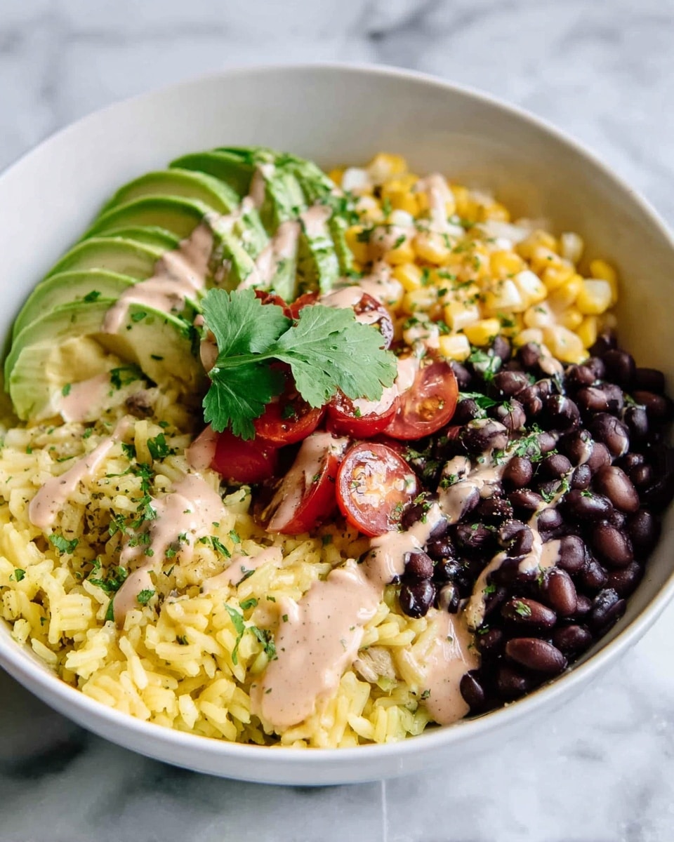 A bowl with four main layers arranged side by side: on the left, bright yellow rice with some green herbs sprinkled on top and a light sauce drizzled; next to it, thin slices of light green avocado fanned out with the same sauce and green herbs on top; to the right of the avocado, golden grilled corn kernels with small dark char marks and sauce drizzled; on the far right, dark black beans with some sauce and green herbs scattered over them. On top of the beans and corn, two lime wedges rest at the edge of the bowl, and small red cherry tomato halves with a sprig of fresh green cilantro sit near the center between the rice and beans. The bowl is white and is placed on a white marbled surface, with a glass jar of sauce visible in the top left corner. Photo taken with an iphone --ar 4:5 --v 7