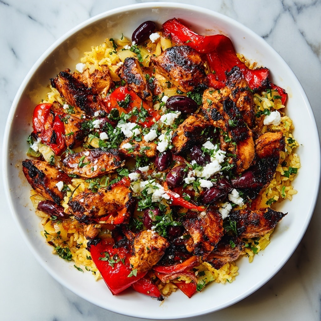 A white plate holds a dish with two main layers: the bottom layer is grilled chicken pieces with a slightly charred, dark brown and golden texture, and pieces of cooked red bell peppers with a bright red, smooth surface scattered throughout. The top layer is a mix of yellowish cooked rice, dark purple olives, crumbly white cheese, small bits of green herbs, and finely chopped onions, all spread unevenly over the chicken and peppers. The dish looks moist with a slight oily shine. The background shows a white marbled surface. photo taken with an iphone --ar 4:5 --v 7