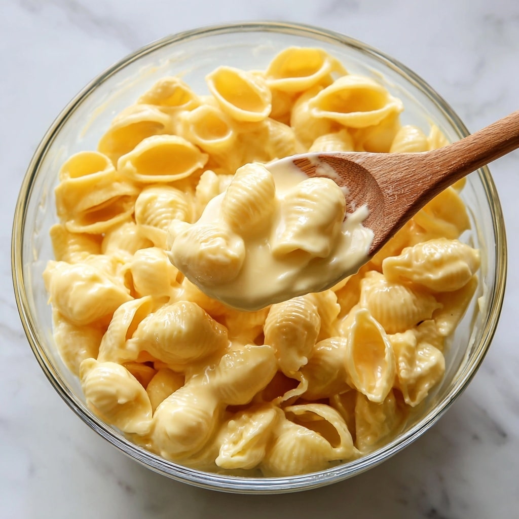 A close-up view of creamy mac and cheese, with small shell-shaped pasta fully covered in a smooth, light yellow cheese sauce. The pasta shells show soft texture with cheese filling the inside of some shells. A wooden spoon is scooping a portion from the mix, slightly lifting the pasta, highlighting the thick and silky sauce that clings to each shell. The background is a white marbled texture, making the warm tones of the dish stand out clearly. Photo taken with an iphone --ar 4:5 --v 7