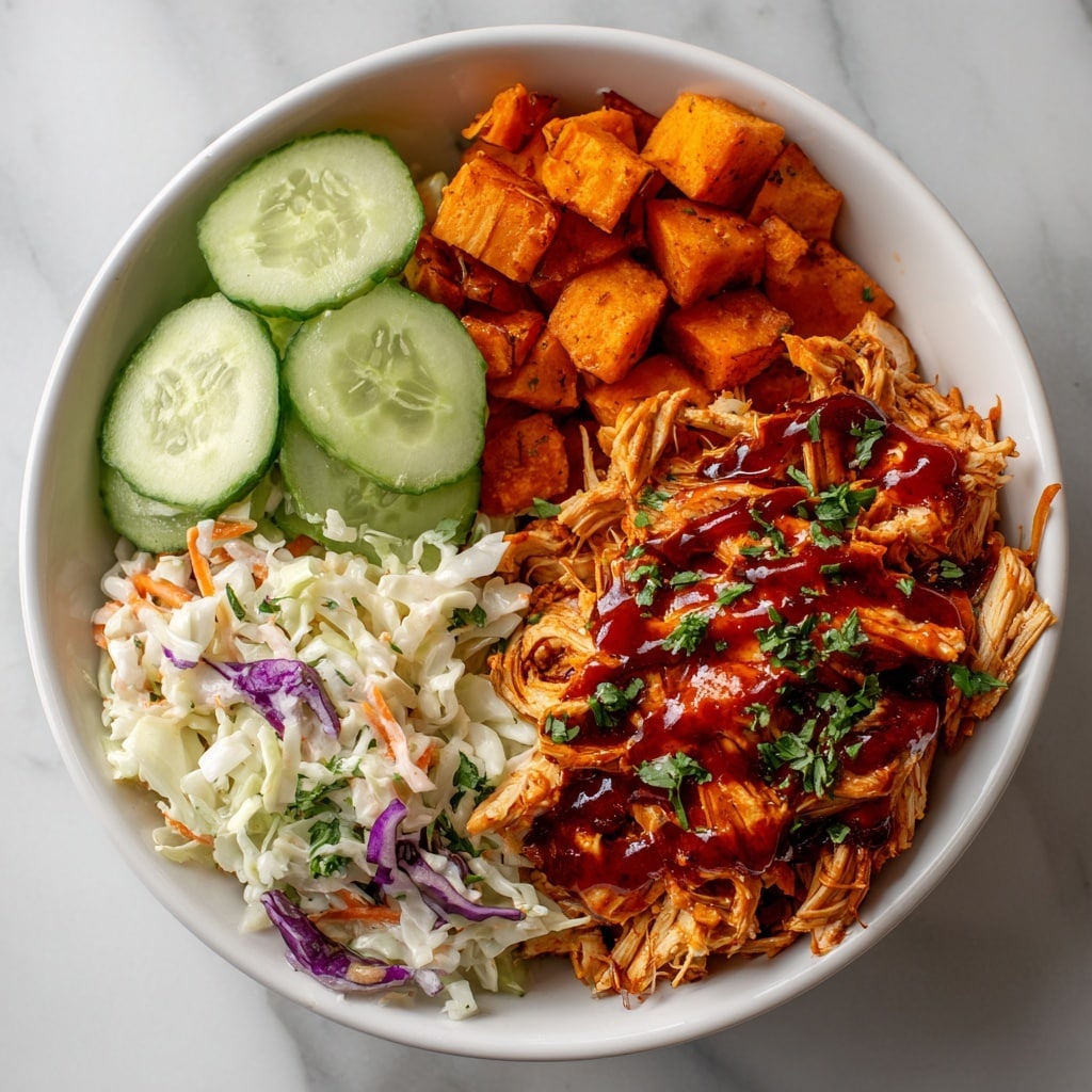 A white bowl holds three layers of food: on the left side is creamy coleslaw with shredded white and purple cabbage, thin orange carrot strips, and small green herb pieces; in the center are two thin cucumber slices with light green skin and seeds sprinkled with green herbs; on the right side, tender pulled chicken coated in a reddish-orange sauce sits on top of cubed roasted sweet potatoes with a golden-brown, slightly charred texture. A silver fork with a dark brown handle rests at the top edge of the bowl. The background is a white marbled surface. Photo taken with an iphone --ar 4:5 --v 7