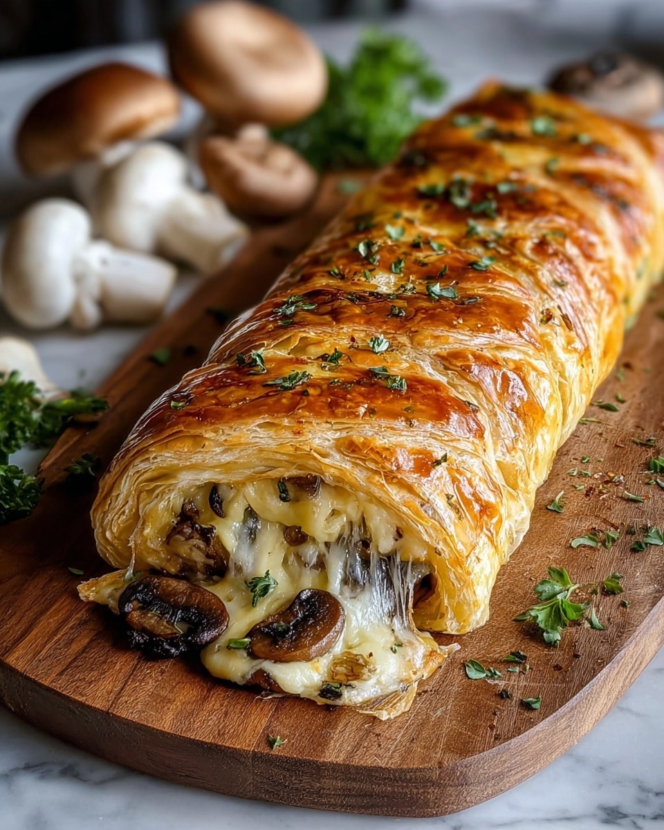 A long braided pastry is shown resting on a wooden board with a golden brown crust that looks shiny and flaky. The braid is made of several interwoven layers creating a thick top crust with small green herb pieces sprinkled all over. The end piece is open, revealing a filling inside with sautéed mushroom slices in dark brown and light beige tones mixed with melted, gooey white cheese. In the background, there are whole and sliced mushrooms, along with green herbs, all placed against a dark setup. The surface under the board is a white marbled texture. photo taken with an iphone --ar 4:5 --v 7