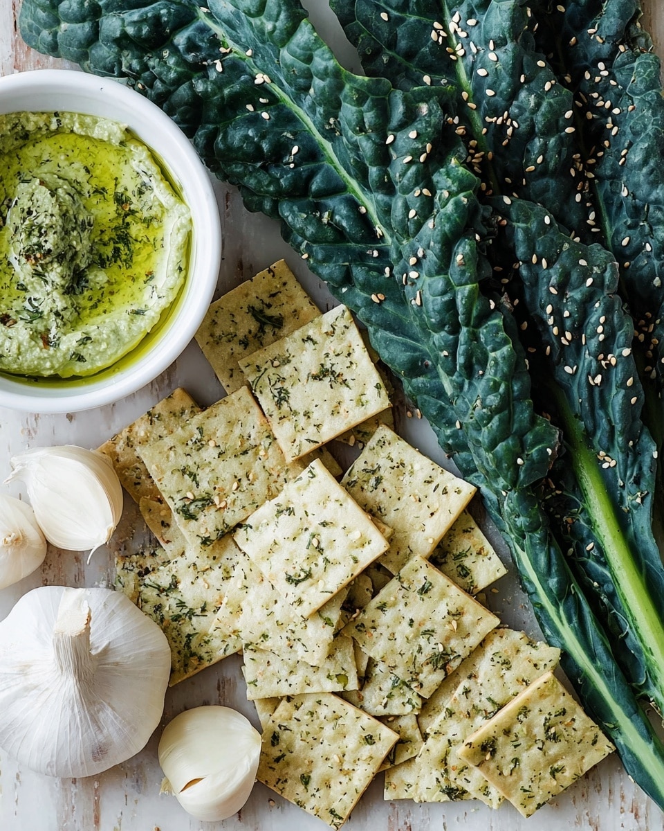 The image shows a close-up of a snack arrangement on a white marbled surface featuring three main elements: dark green leafy kale leaves sprinkled with white sesame seeds on the right side; a pile of square, pale green crackers speckled with herbs and coarse salt scattered in the center-left; and a small white bowl at the top filled with a creamy, bright green dip topped with a drizzle of oil and sesame seeds. In the bottom left corner, there are two garlic bulbs with papery white skin adding a natural touch to the display. The overall colors blend earthy greens and whites with textured details of the food items. Photo taken with an iphone --ar 4:5 --v 7