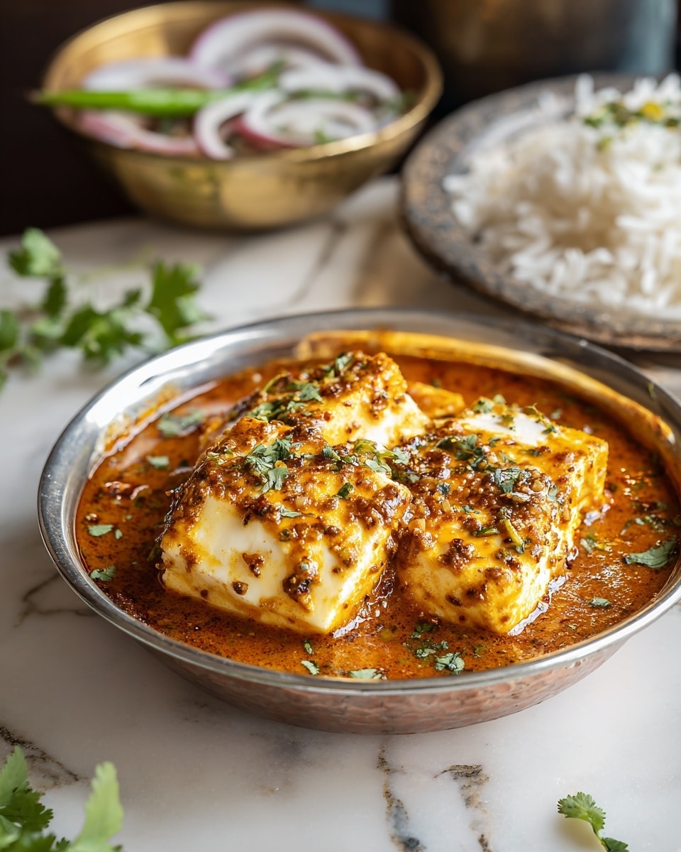 The image shows a round white bowl filled with a rich, thick orange curry sauce that has a smooth texture with visible spices. Inside the curry, there are four large cubes of creamy white paneer, partially covered with the sauce and sprinkled with fresh green chopped cilantro on top. The bowl is placed on a white marbled surface with some scattered green cilantro leaves nearby. In the background, there is a small metallic bowl with sliced white onions and a green chili, and part of another round white bowl filled with white rice is visible. Photo taken with an iphone --ar 4:5 --v 7