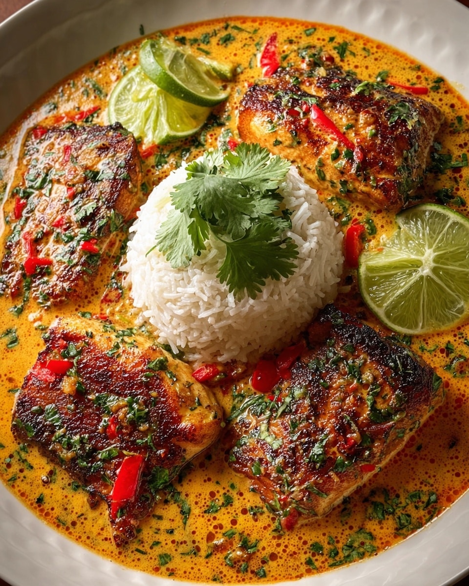 The dish shows three grilled, golden-brown chicken pieces with visible char marks, resting in a rich, orange-red sauce speckled with green herbs and small chunks of red bell peppers. In the center, there is a neat mound of white rice topped with a bright green sprig of cilantro. Around the chicken and rice, there are slices of fresh lime placed on the white plate, with one whole lime slice on the left and three overlapping slices on the right. The sauce has a slightly creamy texture with oil droplets, and chopped green herbs are scattered evenly across the dish and sauce. The plate sits on a white marbled surface. Photo taken with an iphone --ar 4:5 --v 7