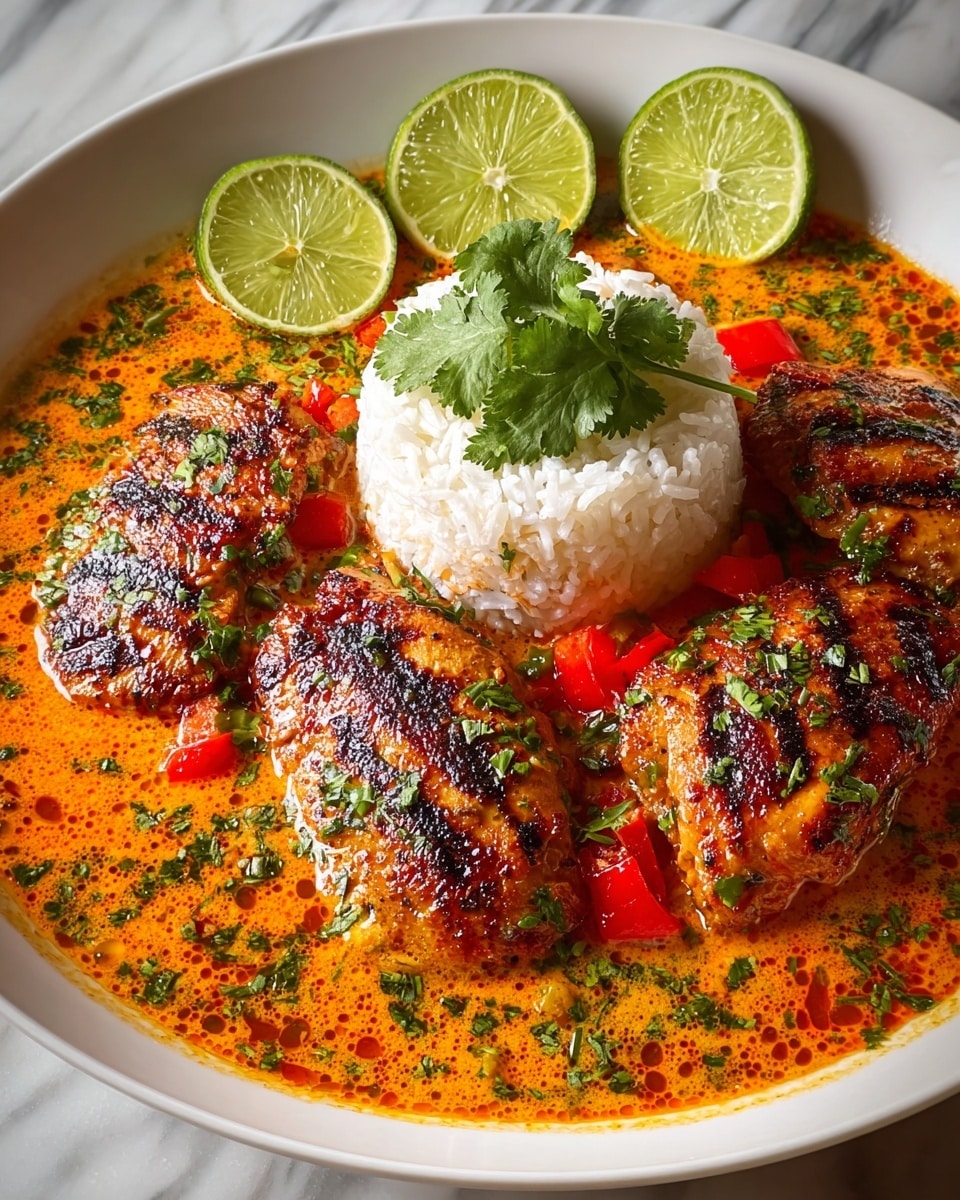 A white plate holds three browned and grilled fish fillets placed around a mound of white rice in the center. The rice is topped with a fresh green cilantro sprig. The fish rests in a rich, creamy orange sauce speckled with green herbs and red pepper pieces. Lime wedges, including one whole slice on the left and three stacked slices on the right, add bright green color contrast. The sauce looks smooth and slightly oily, covering the plate's base, with the herbs evenly sprinkled across the fish and sauce, creating a vibrant and appetizing display. Photo taken with an iphone --ar 4:5 --v 7