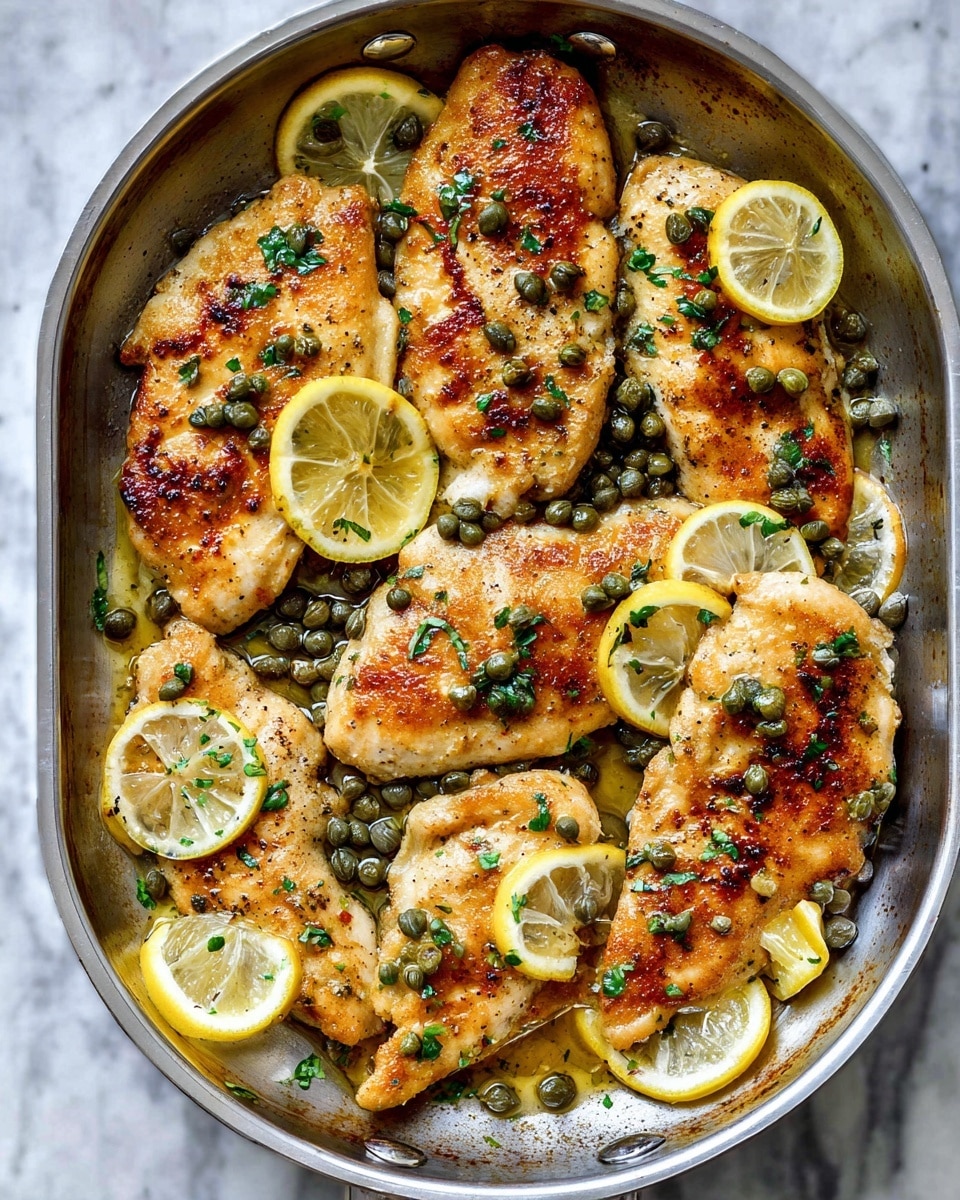 The image shows a pan full of cooked chicken breasts with a golden-brown crust, arranged close together covering the whole pan. Scattered on top and around the chicken are green capers and small pieces of chopped parsley, adding texture and color contrast. Thin yellow lemon slices are placed in between and under some chicken pieces, giving a bright and fresh look. The pan has a metallic look with a slightly worn texture visible on the sides. The whole scene is set on a background with a white marbled texture. photo taken with an iphone --ar 4:5 --v 7