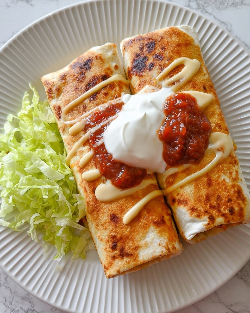 The image shows two golden-brown grilled burritos side by side on a white plate with a ribbed edge. Each burrito has a smooth, slightly crispy, toasted tortilla wrapping, with some char marks and folds visible. On top of each burrito, there is a dollop of reddish chunky salsa combined with a smooth, creamy white sour cream sitting next to it. A light tan-colored cheese sauce is drizzled diagonally over both burritos. At the bottom left of the plate, there is a small pile of shredded green lettuce that adds a fresh, crisp touch. The whole plate rests on a white marbled surface. Photo taken with an iphone --ar 4:5 --v 7