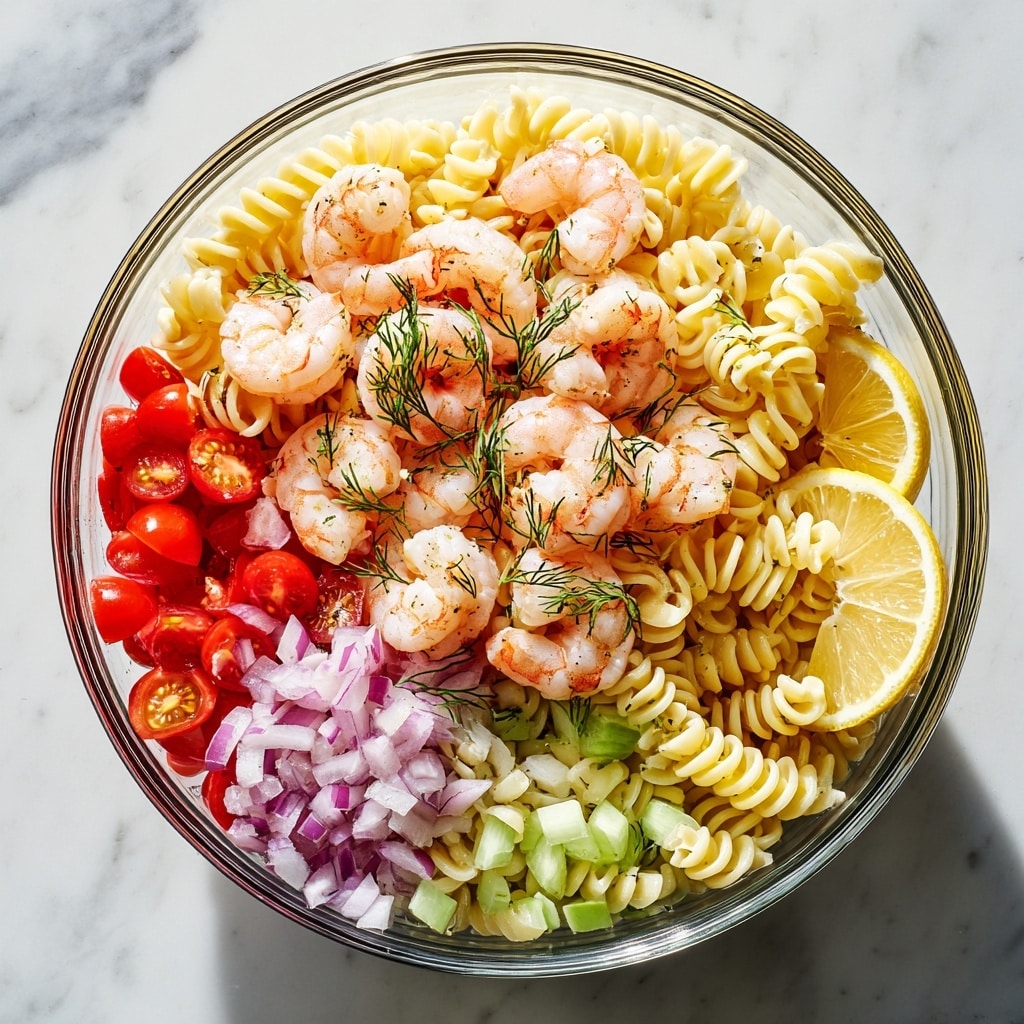 A clear glass bowl filled with three main layers starts with a base of pale yellow spiral pasta, followed by a middle layer of mixed small pieces of red tomato and thin slices of light purple onion, and topped with plump, light pink shrimp sprinkled with green herb bits. A bright yellow lemon slice rests on the edge of the bowl, all placed on a white marbled surface. photo taken with an iphone --ar 4:5 --v 7