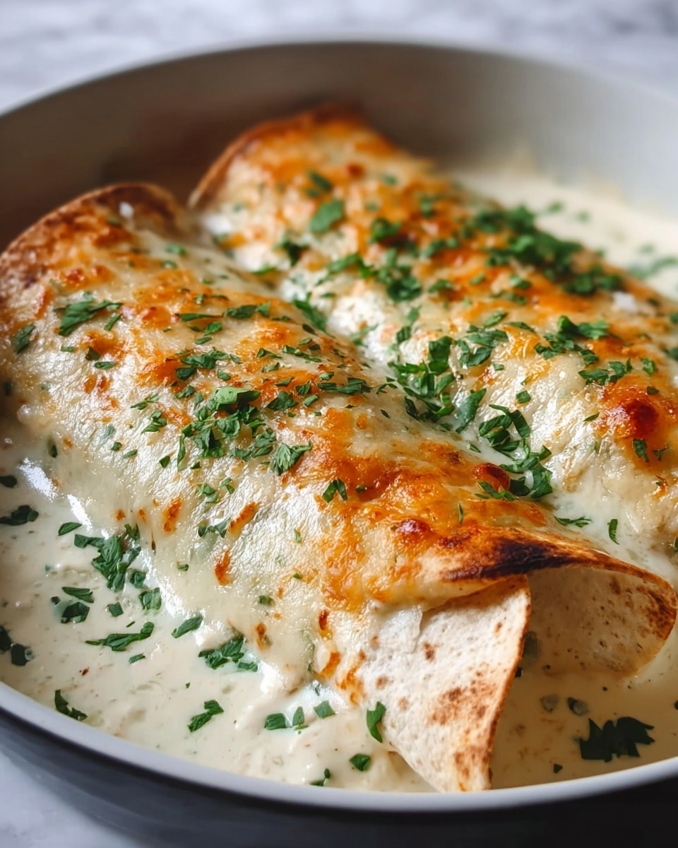 The image shows two pieces of baked enchiladas on a white plate, sitting on a white marbled surface. The enchiladas have three visible layers: the top layer is a golden-brown, slightly crispy tortilla with some cheese melted and browned on it; the middle layer is covered with a creamy white sauce that spreads over the top and sides; the bottom layer shows shredded chicken mixed with bits of orange sauce peeking out from the openings. The dish is garnished with small pieces of bright green chopped herbs scattered evenly over the sauce. The lighting emphasizes the textures of the creamy sauce and the crispy browned edges of the tortillas. photo taken with an iphone --ar 4:5 --v 7