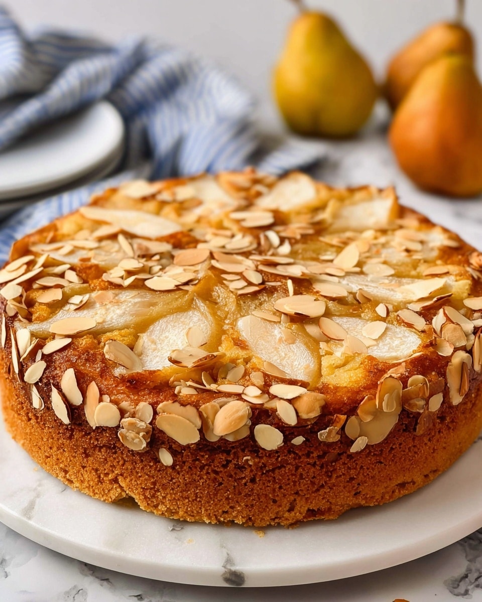 A round cake with one thick golden brown layer sits on a white plate with subtle gray lines, placed on a white marbled surface. The cake's top is covered with thin, toasted almond slices that are light to dark brown in color, scattered unevenly across the surface and spilling onto the plate. Beneath the almond topping, thin slices of baked pear are partly visible, adding a soft pale beige layer with slightly browned edges. The cake's side shows a crumbly texture with a warm, golden brown color. In the background, two whole oranges add a pop of orange color, while part of a dark blue and white striped cloth is visible at the edge. photo taken with an iphone --ar 4:5 --v 7